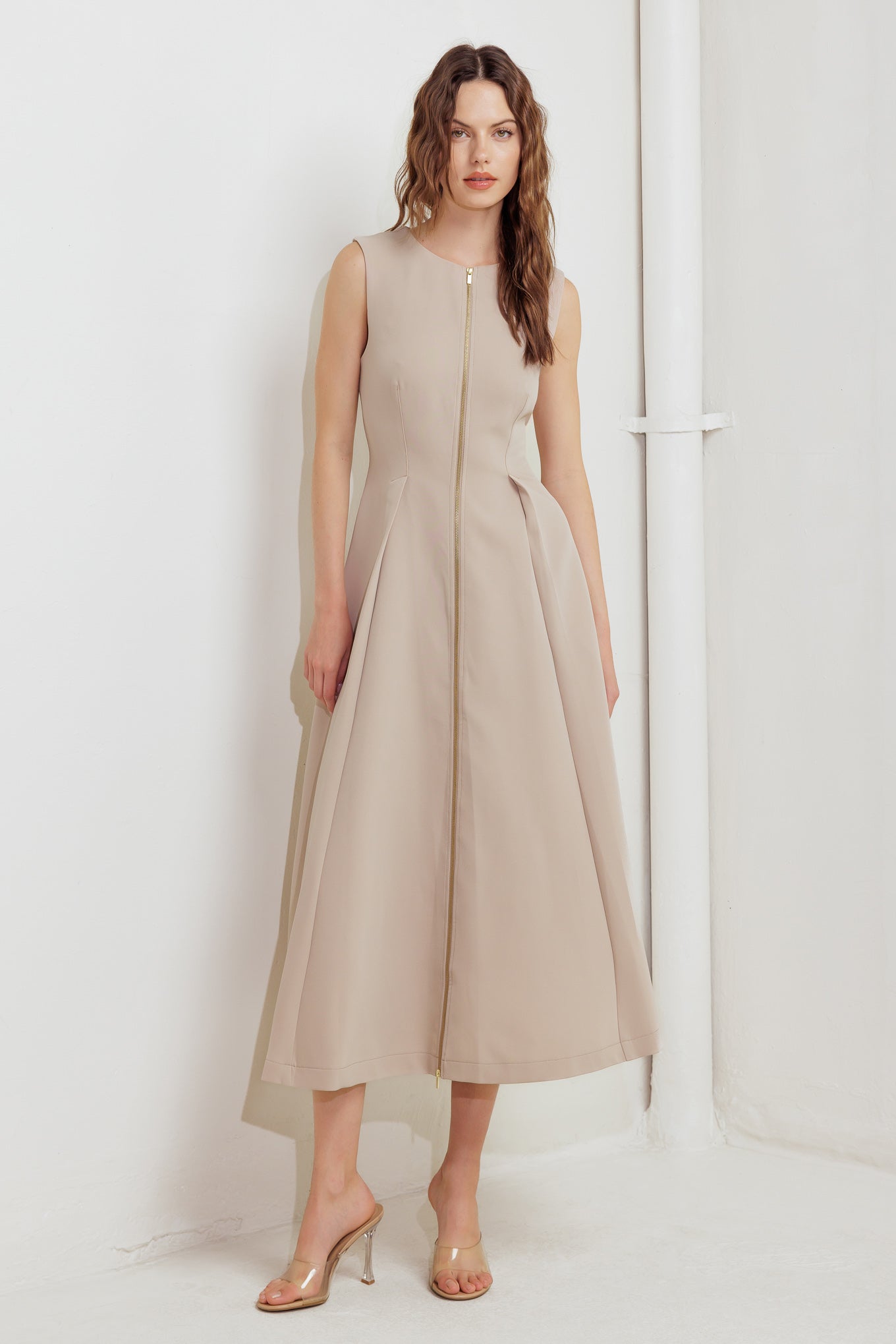 Zip And Flow Woven Midi Dress Sleeveless Front Zipper Closure