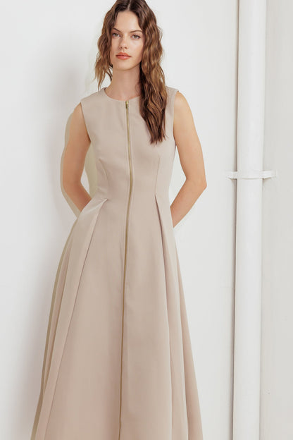 Zip And Flow Woven Midi Dress Sleeveless Front Zipper Closure