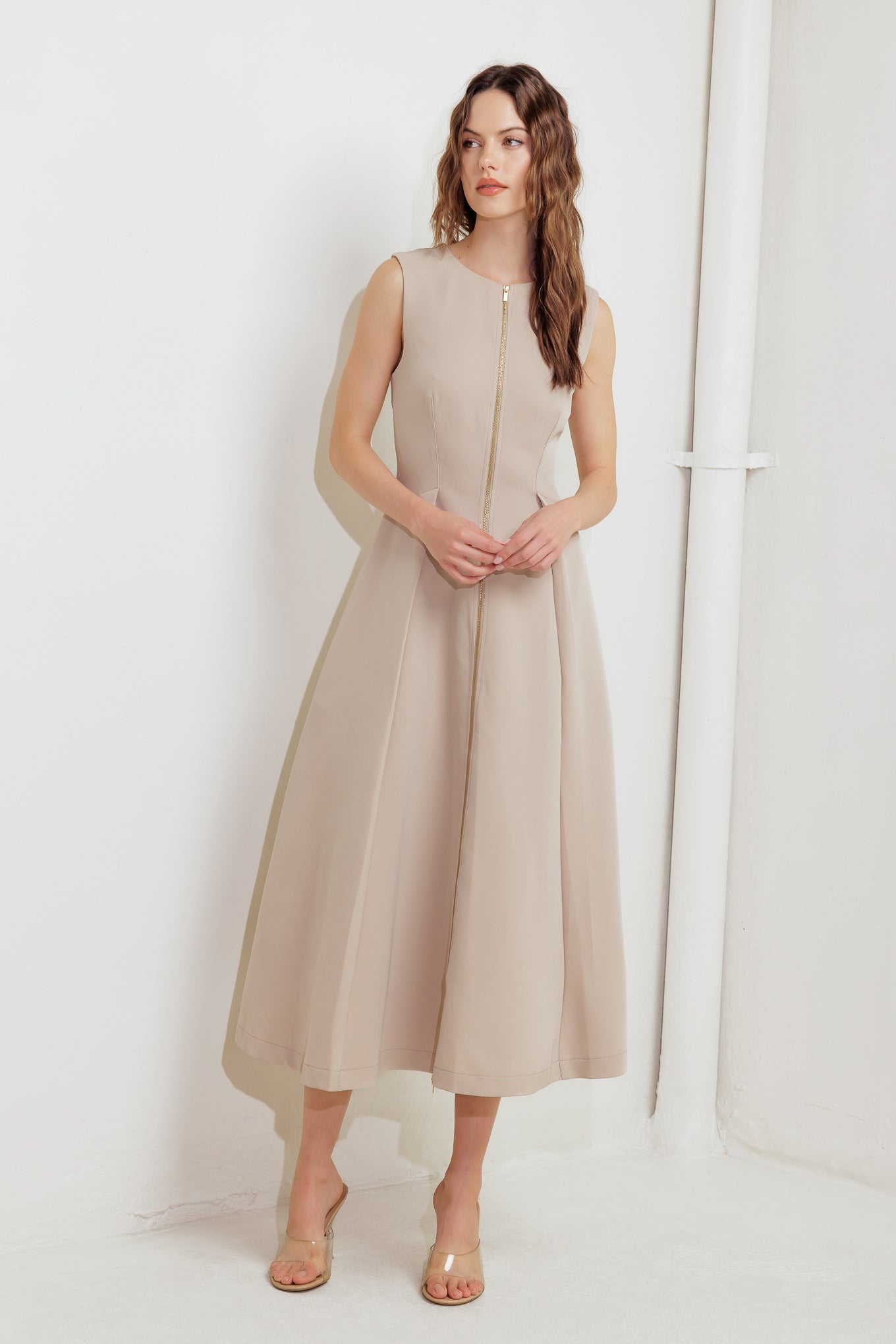 Zip And Flow Woven Midi Dress Sleeveless Front Zipper Closure