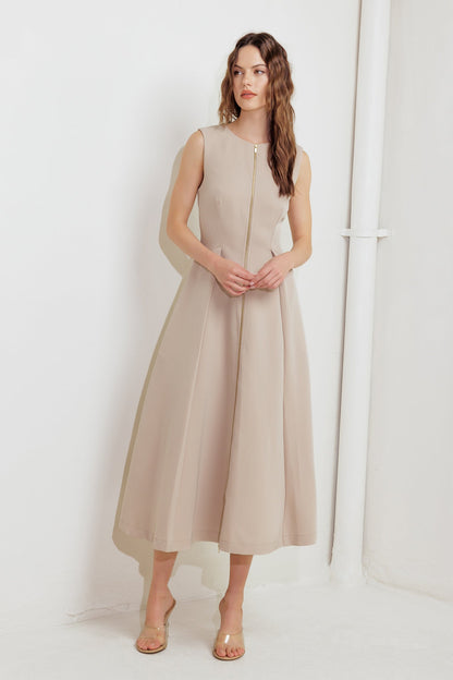 Zip And Flow Woven Midi Dress Sleeveless Front Zipper Closure