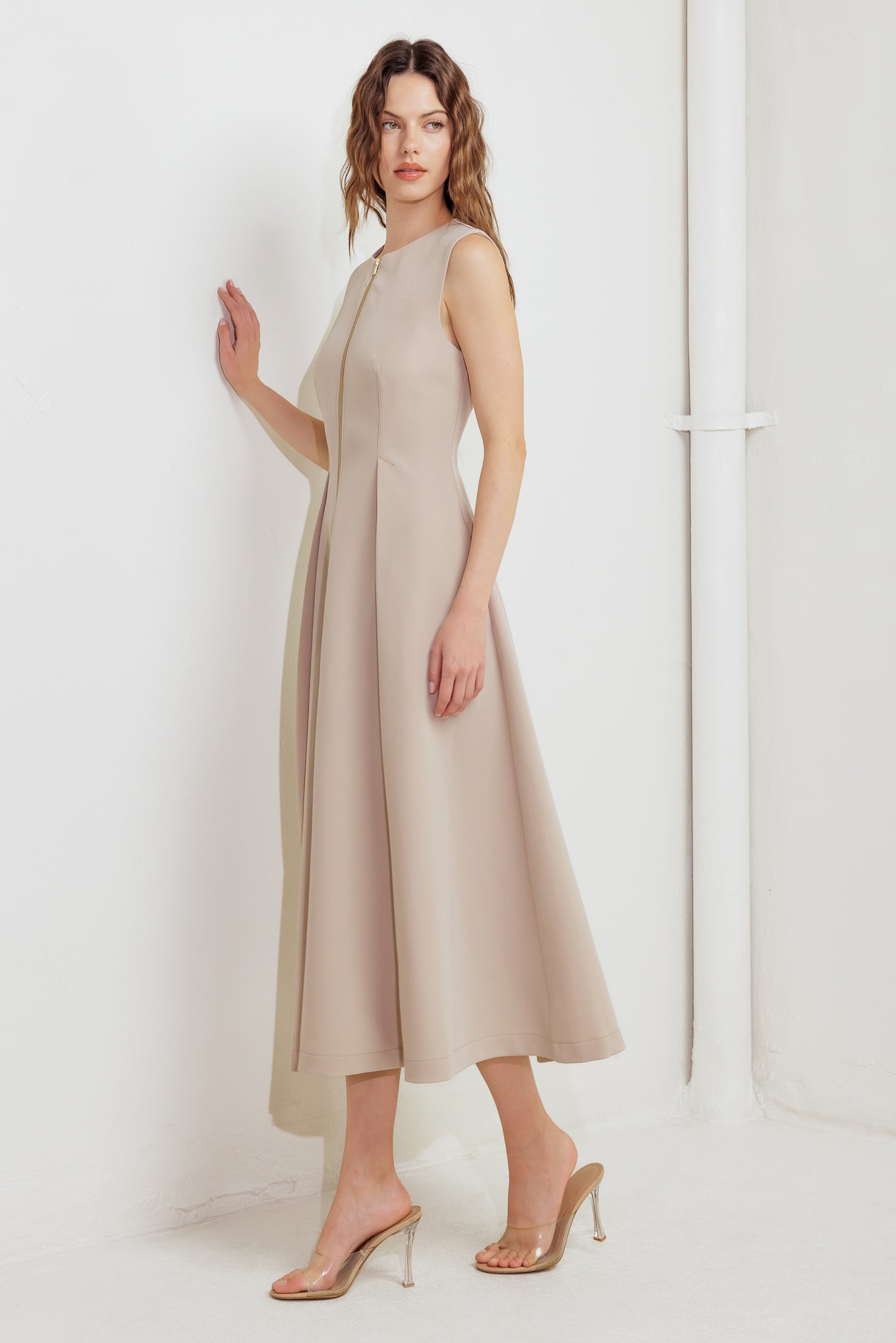 Zip And Flow Woven Midi Dress Sleeveless Front Zipper Closure