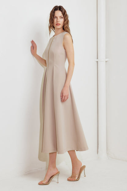 Zip And Flow Woven Midi Dress Sleeveless Front Zipper Closure