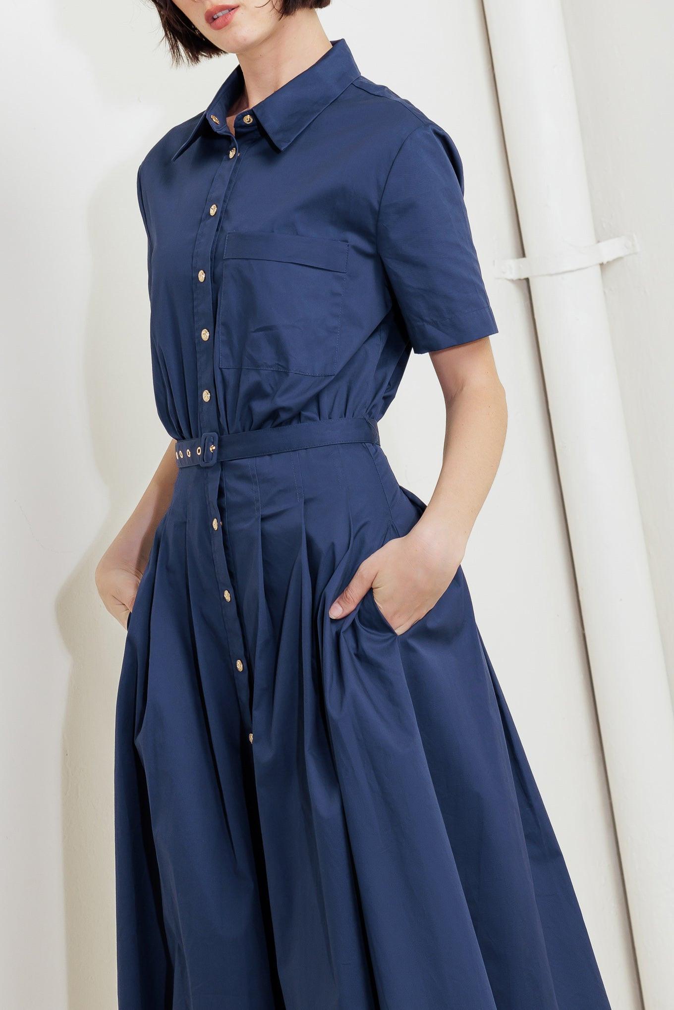 Flying Tomato Cinched Couture Woven Midi Dress modeled, illustrating its comfortable wear and sophisticated appeal.