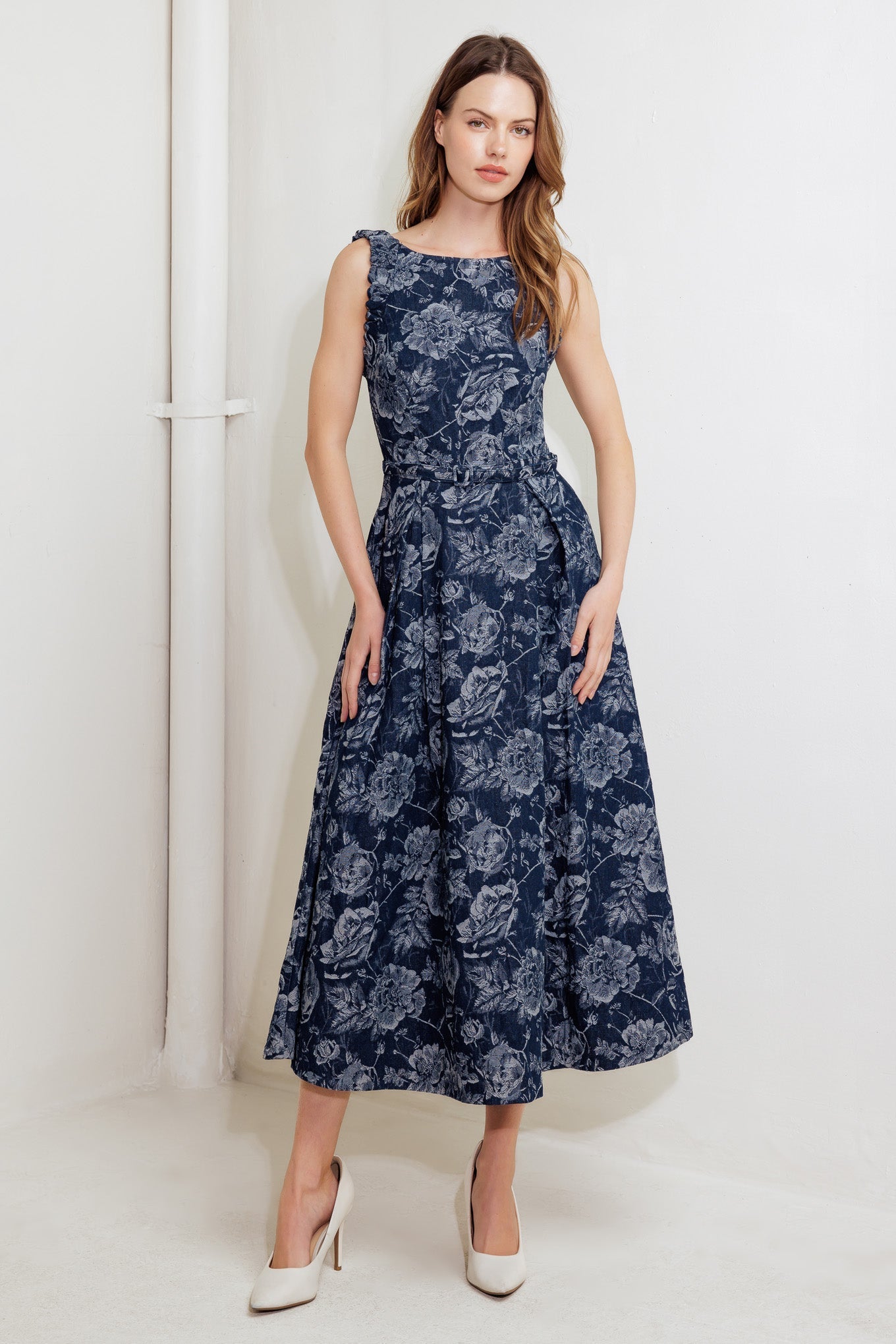 DUSK ROSE WOVEN DENIM MIDI DRESS Flying Tomato