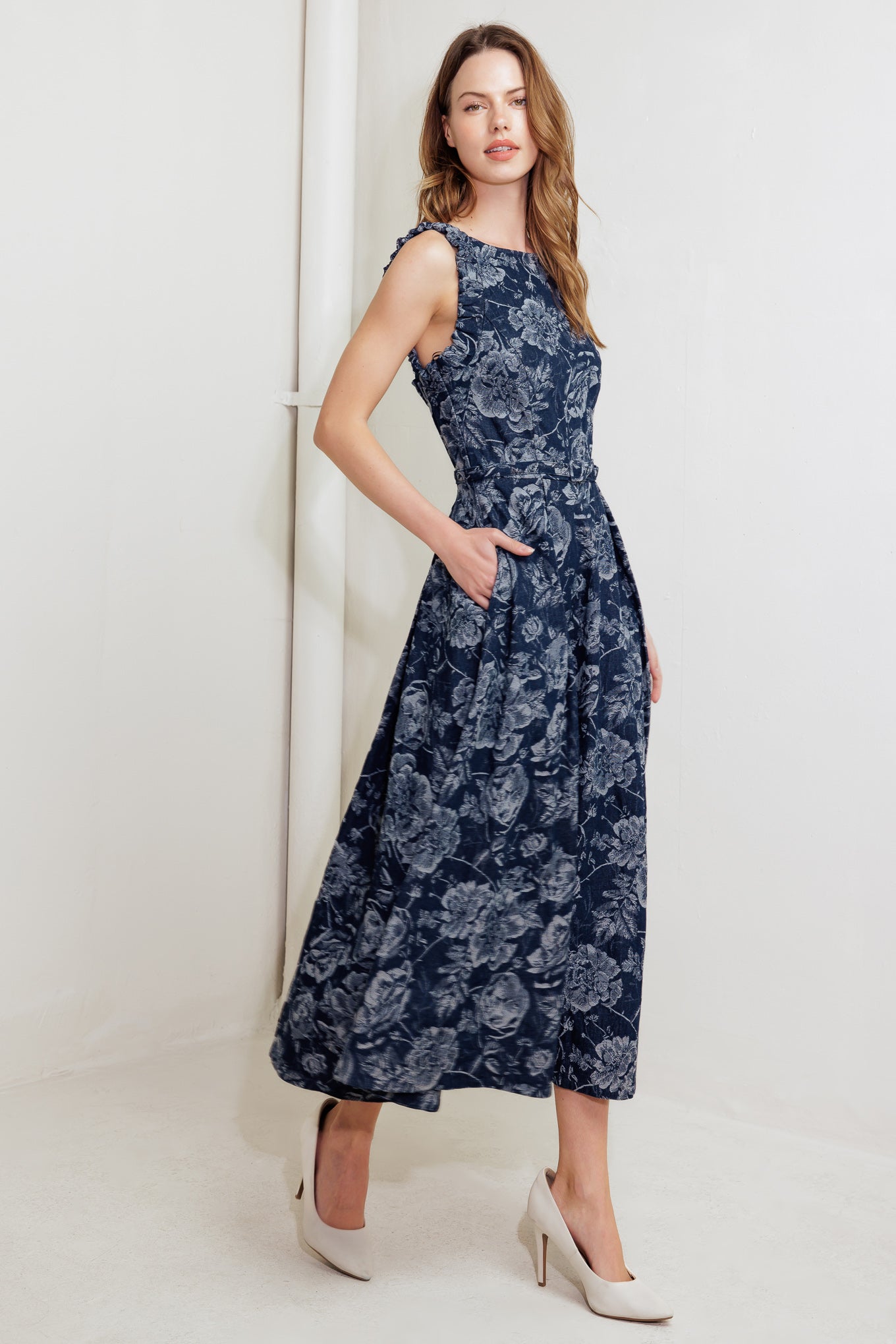 DUSK ROSE WOVEN DENIM MIDI DRESS Flying Tomato