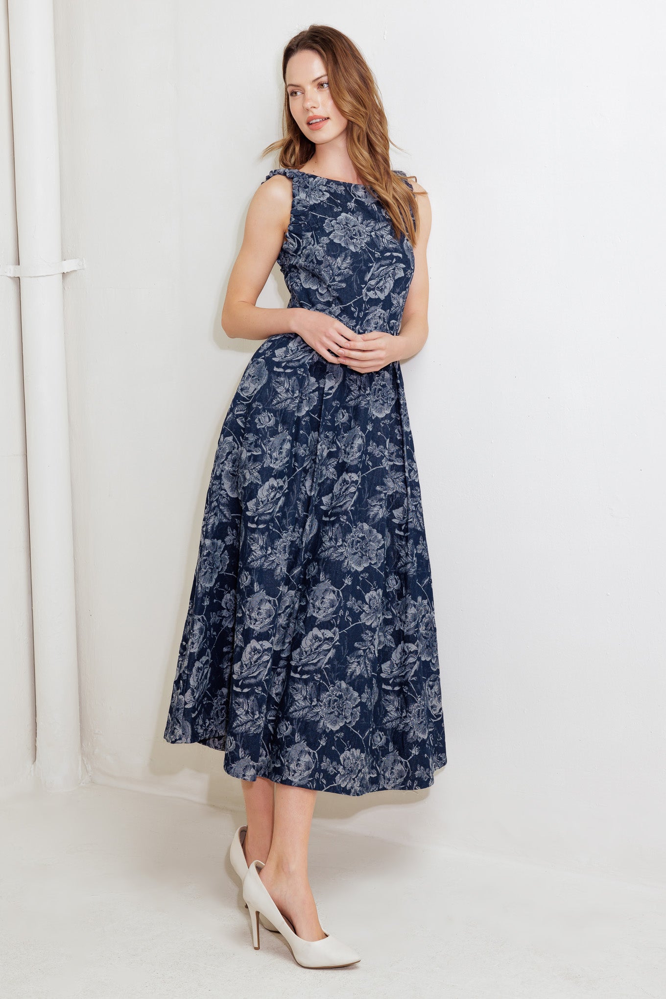DUSK ROSE WOVEN DENIM MIDI DRESS Flying Tomato