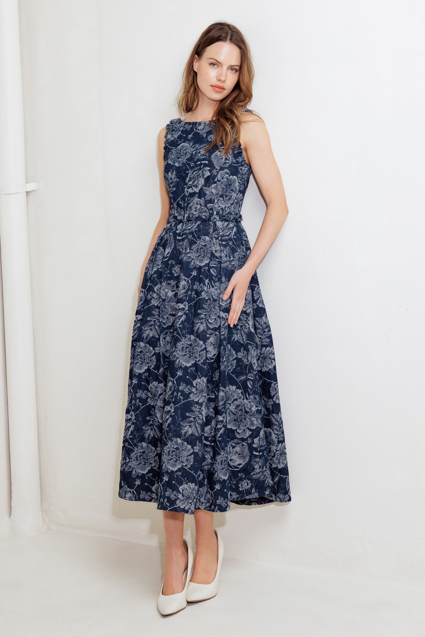 DUSK ROSE WOVEN DENIM MIDI DRESS Flying Tomato