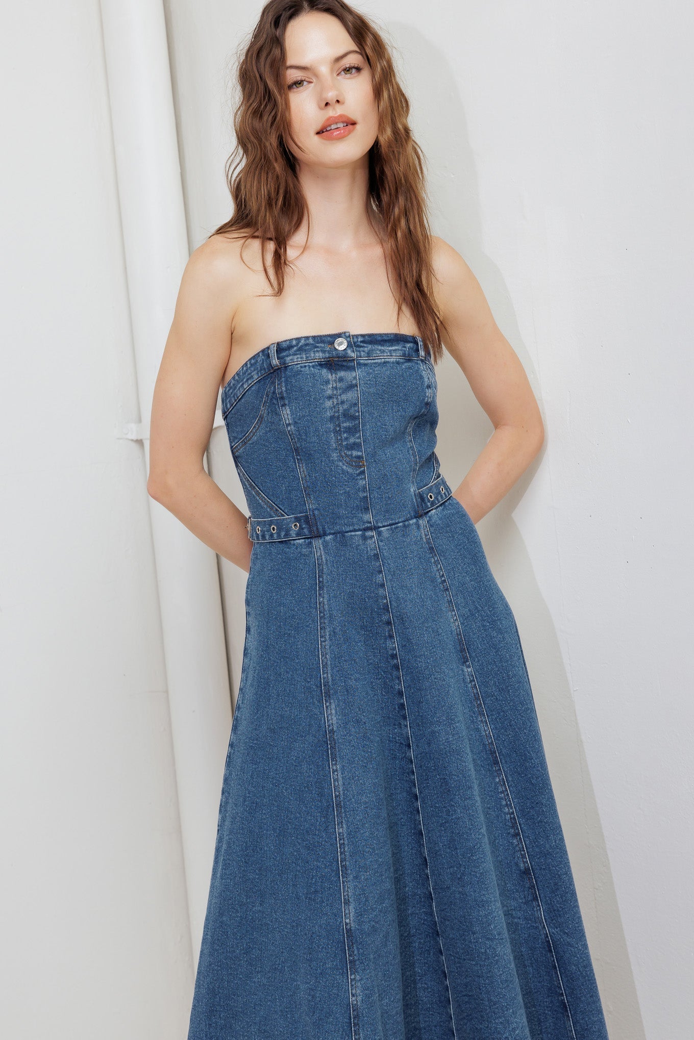 MIDNIGHT STRUCTURE DENIM MIDI DRESS Flying Tomato