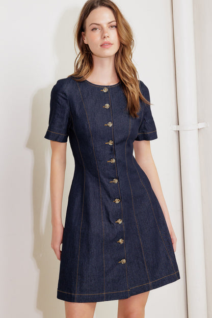 Indigo Tempo Denim Mini Dress With Button Front Closure