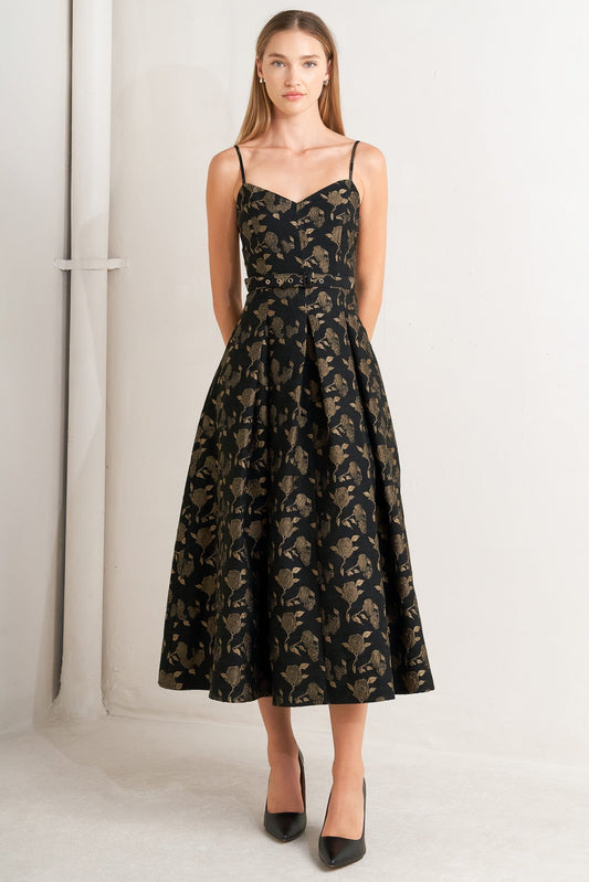 Garden Opera Jacquard Woven Midi Dress Cami Bodice Belt Flying Tomato