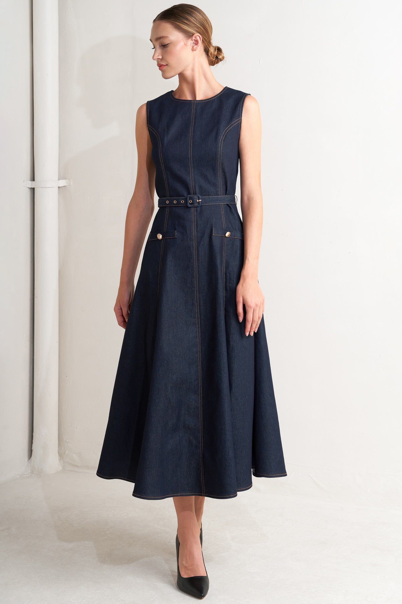 MODERN DARK DENIM MIDI DRESS Flying Tomato