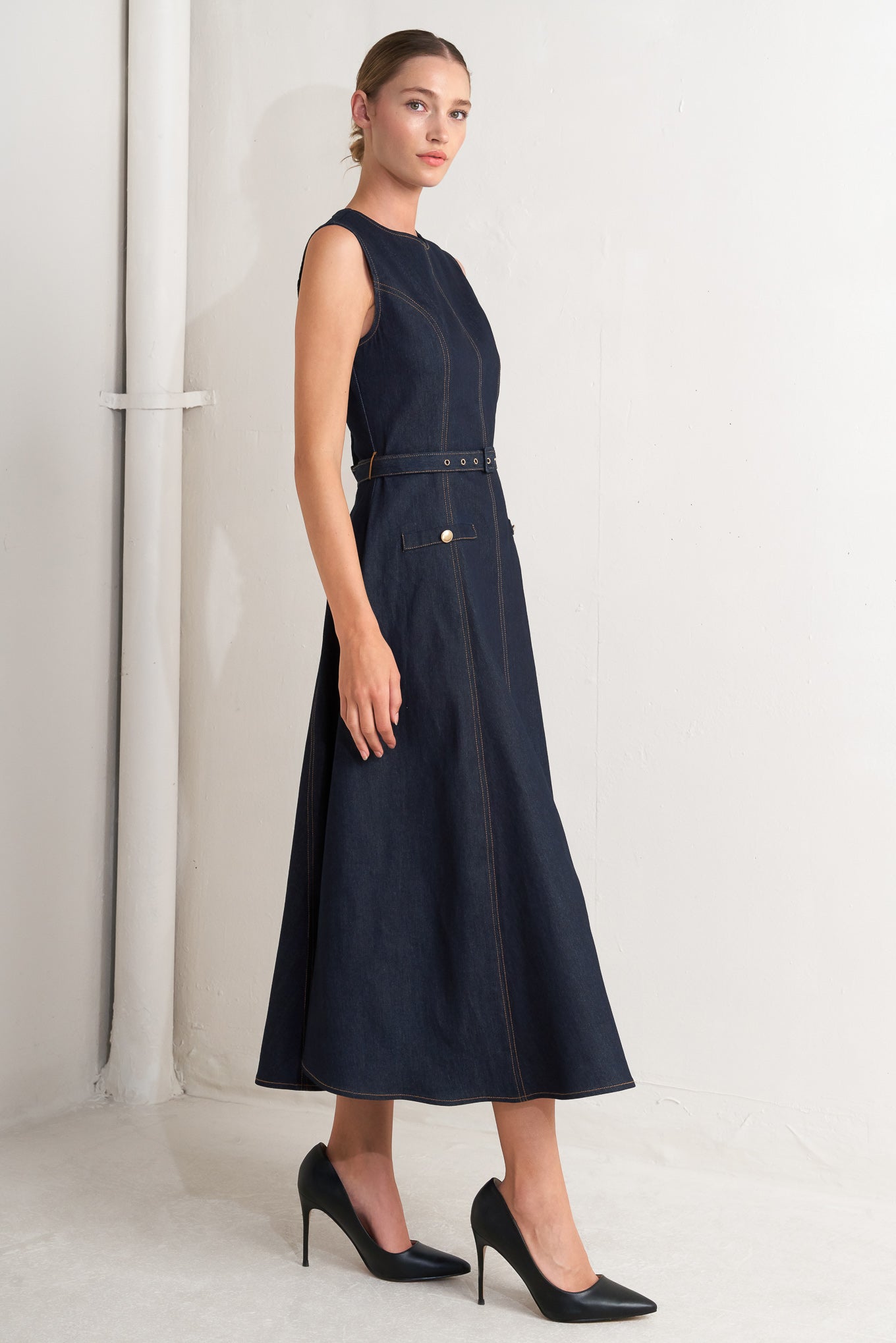 MODERN DARK DENIM MIDI DRESS Flying Tomato
