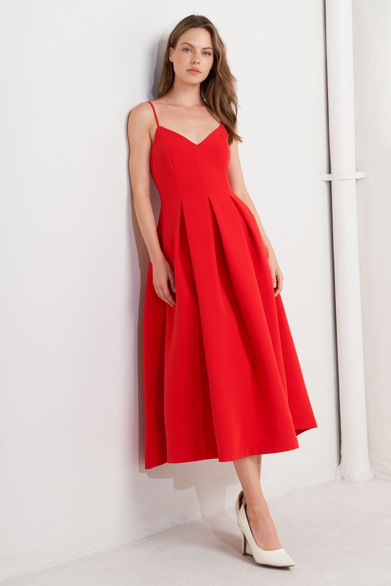 Full back view of the Flying Tomato Ruby Affair Woven Midi Dress on a model, highlighting its sophisticated design and comfortable fit.
