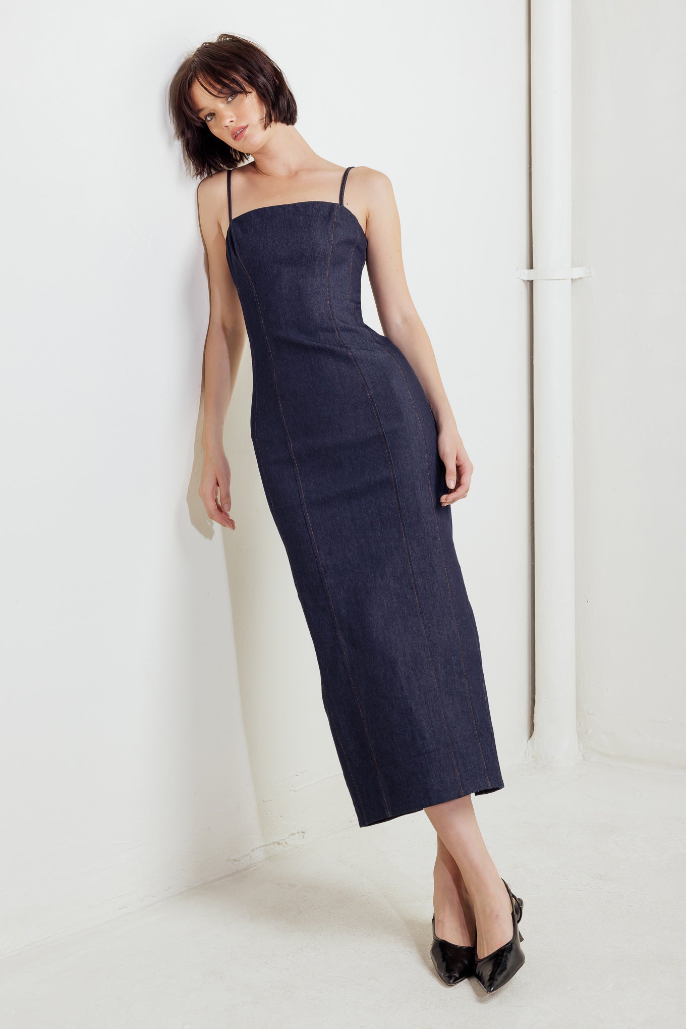 QUIET CURVE DARK DENIM MIDI DRESS Flying Tomato