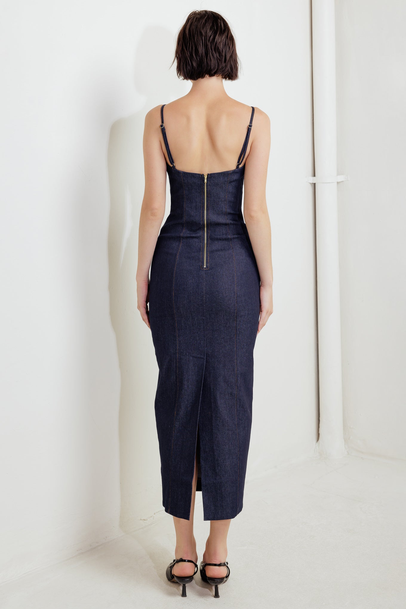 QUIET CURVE DARK DENIM MIDI DRESS Flying Tomato