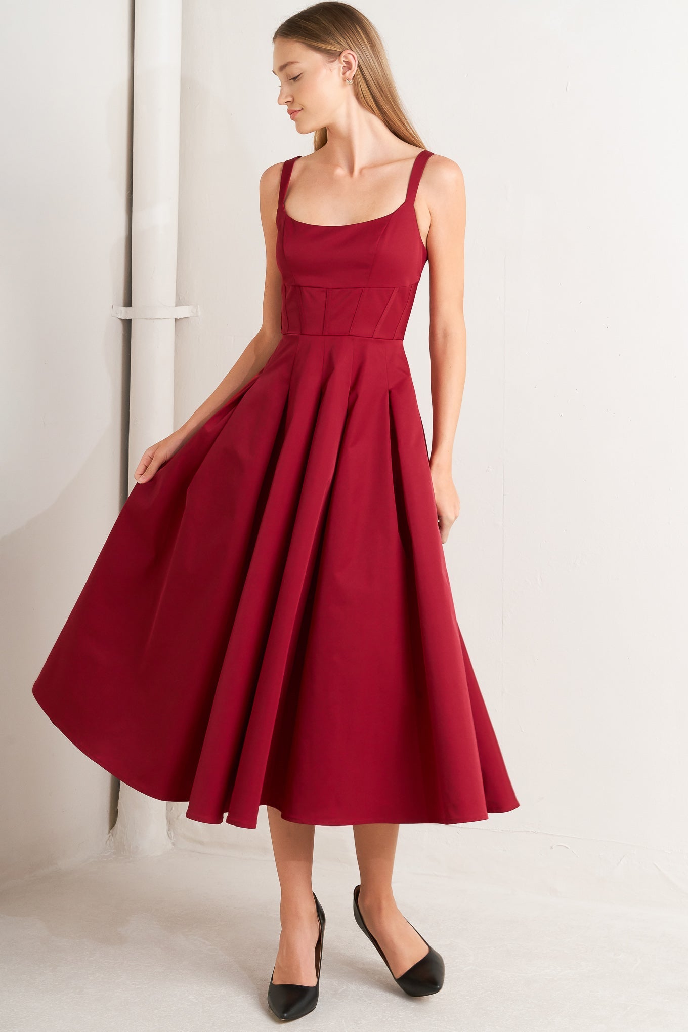CRIMSON TWIRL WOVEN MIDI DRESS Flying Tomato