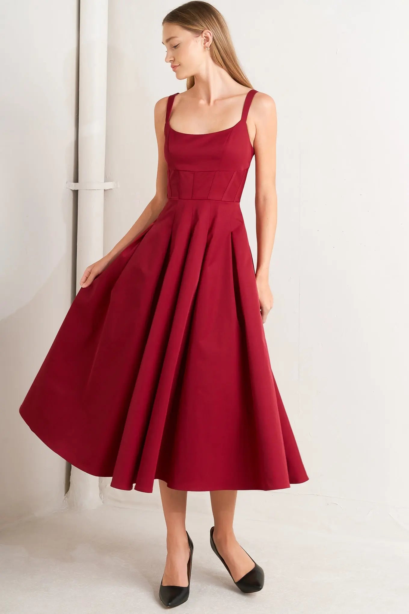 CRIMSON TWIRL WOVEN MIDI DRESS Flying Tomato