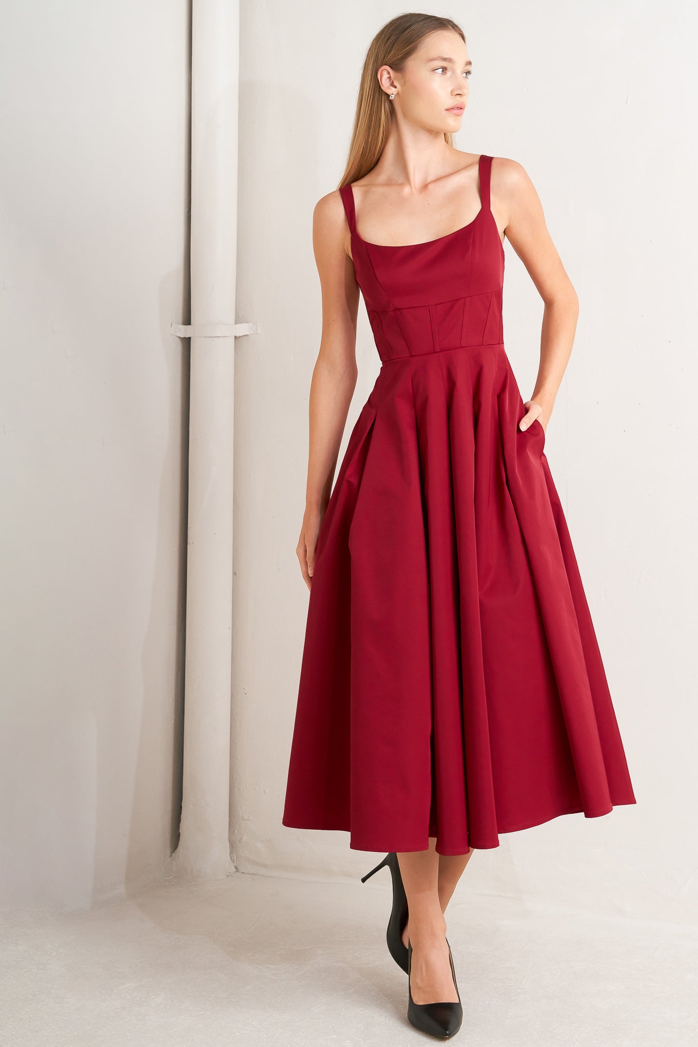 CRIMSON TWIRL WOVEN MIDI DRESS Flying Tomato