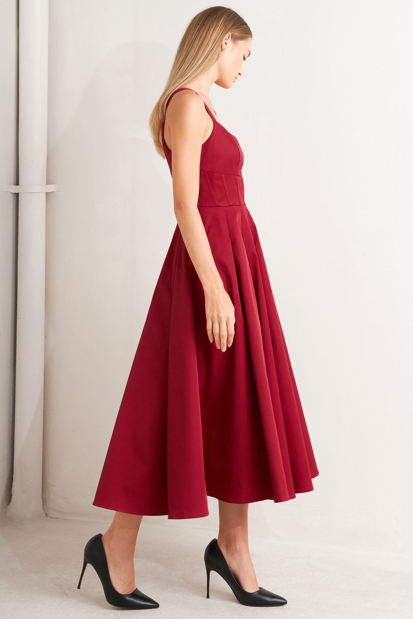 CRIMSON TWIRL WOVEN MIDI DRESS Flying Tomato