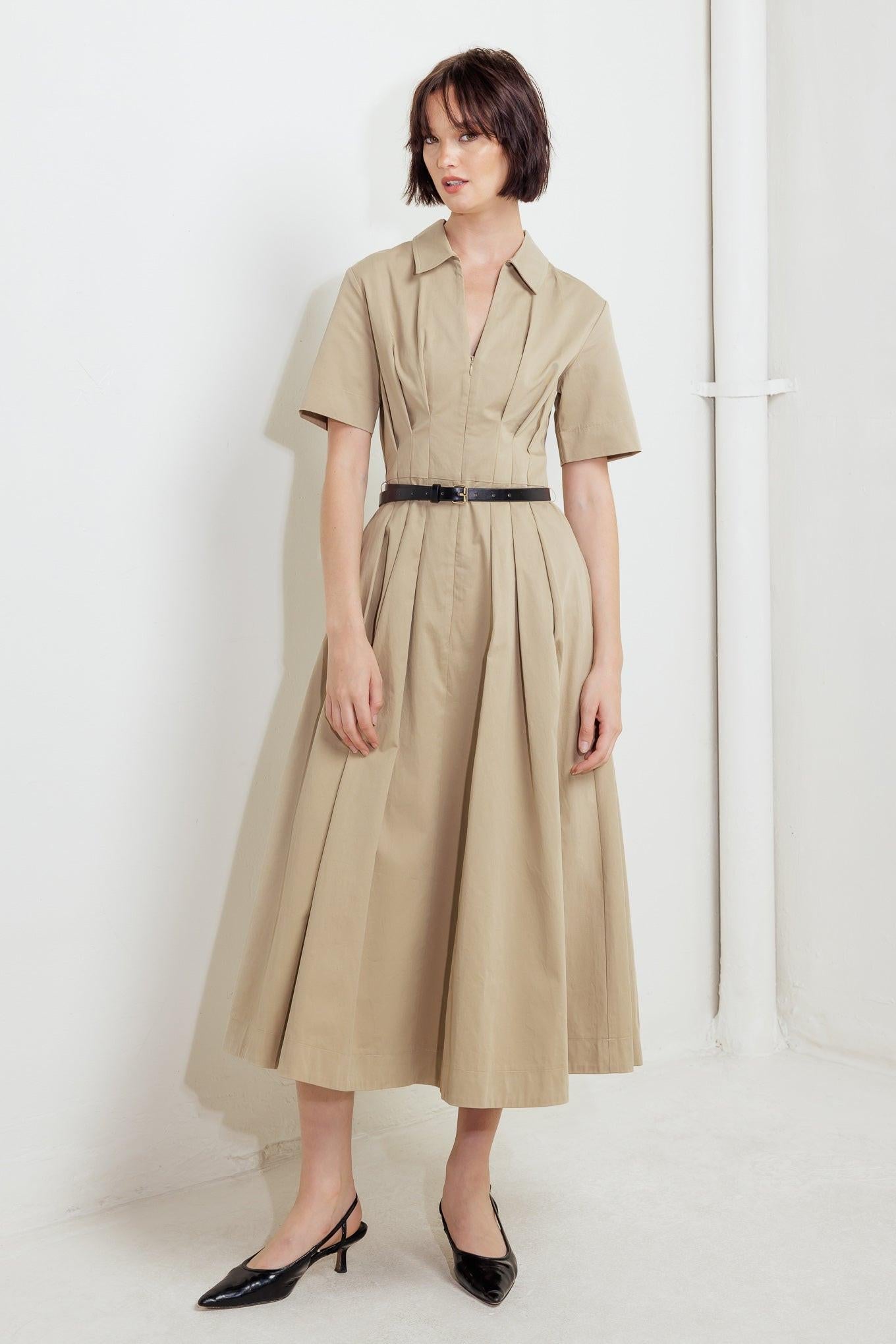 Flying Tomato Quiet Romance Tan Woven Midi Dress, full length, showcasing its elegant, flowy design and comfortable fit.
