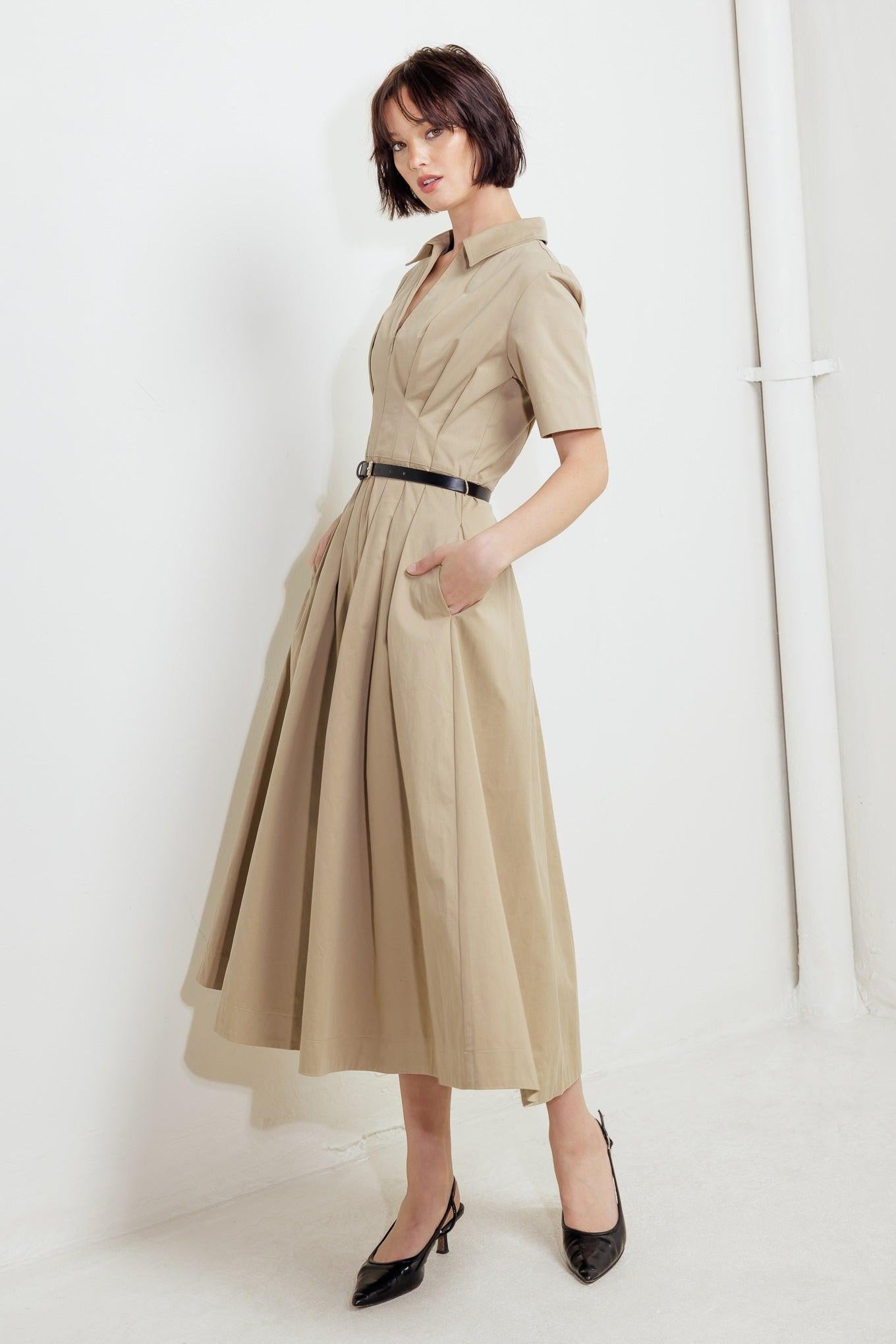 Back view of the Flying Tomato Quiet Romance Tan Woven Midi Dress, showcasing the elegant back detail and comfortable, relaxed fit.