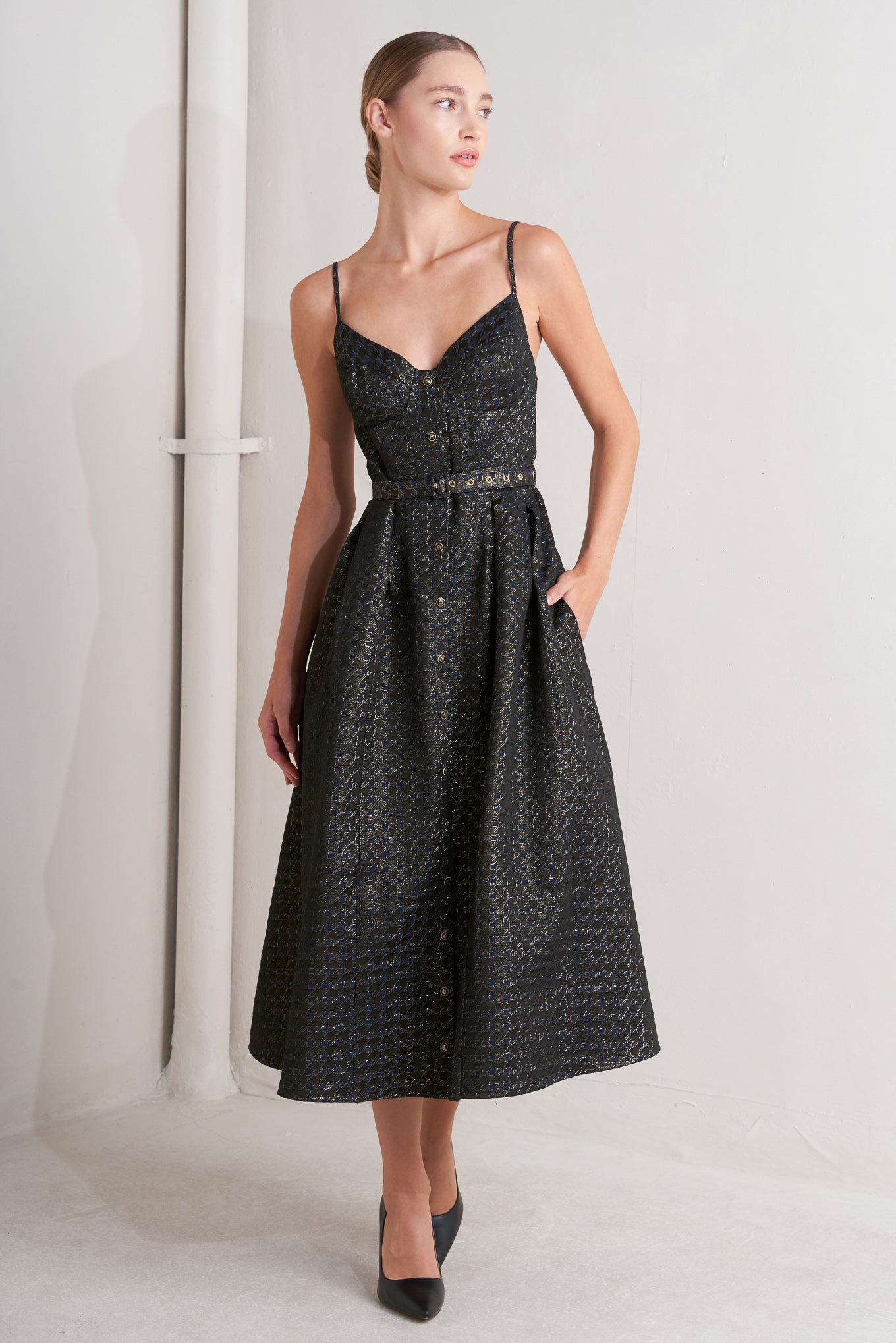 Noir Tapestry Woven Midi Dress With Cami Top Self Belt Flying Tomato