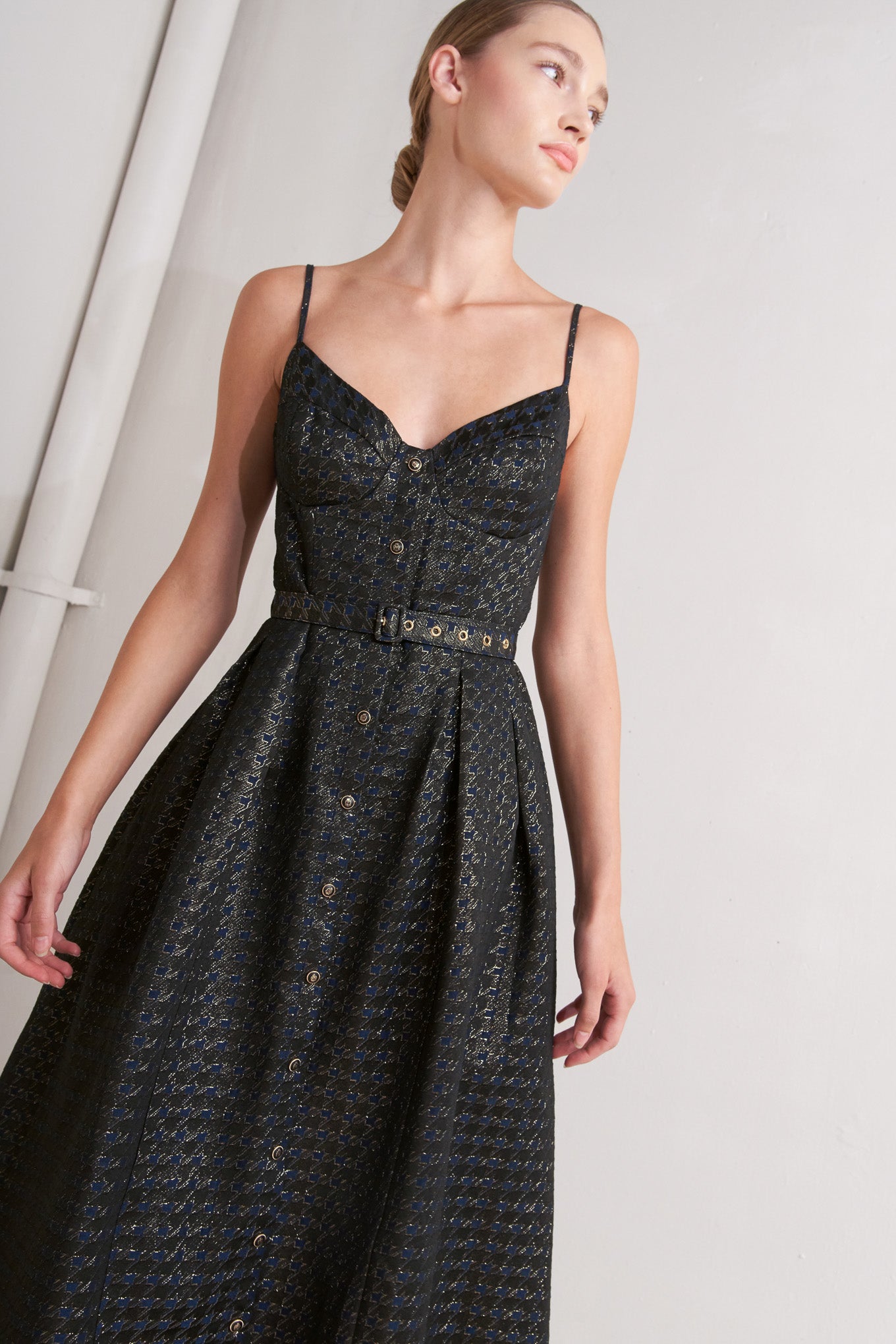 Noir Tapestry Woven Midi Dress With Cami Top Self Belt Flying Tomato