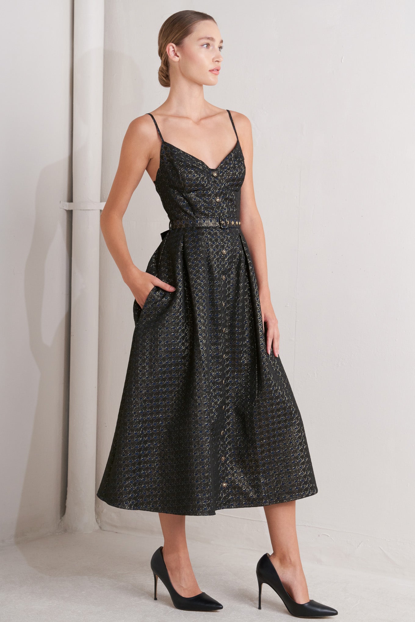 Noir Tapestry Woven Midi Dress With Cami Top Self Belt Flying Tomato
