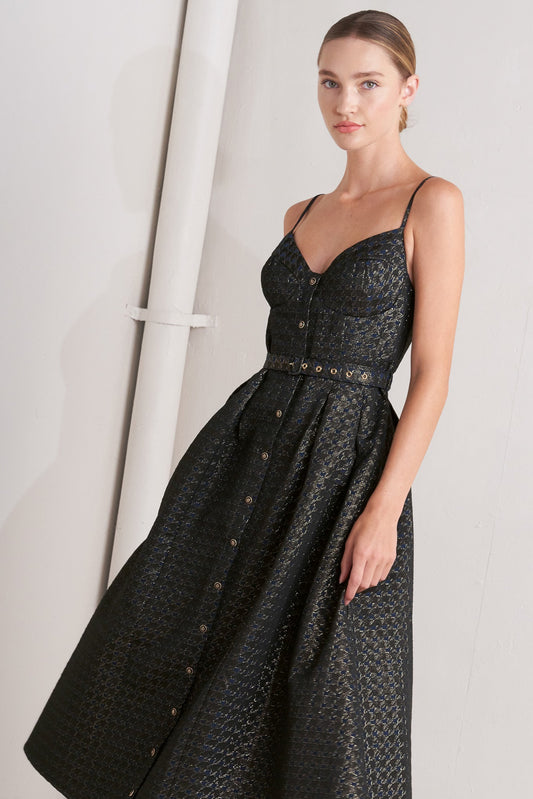 Noir Tapestry Woven Midi Dress With Cami Top Self Belt Flying Tomato
