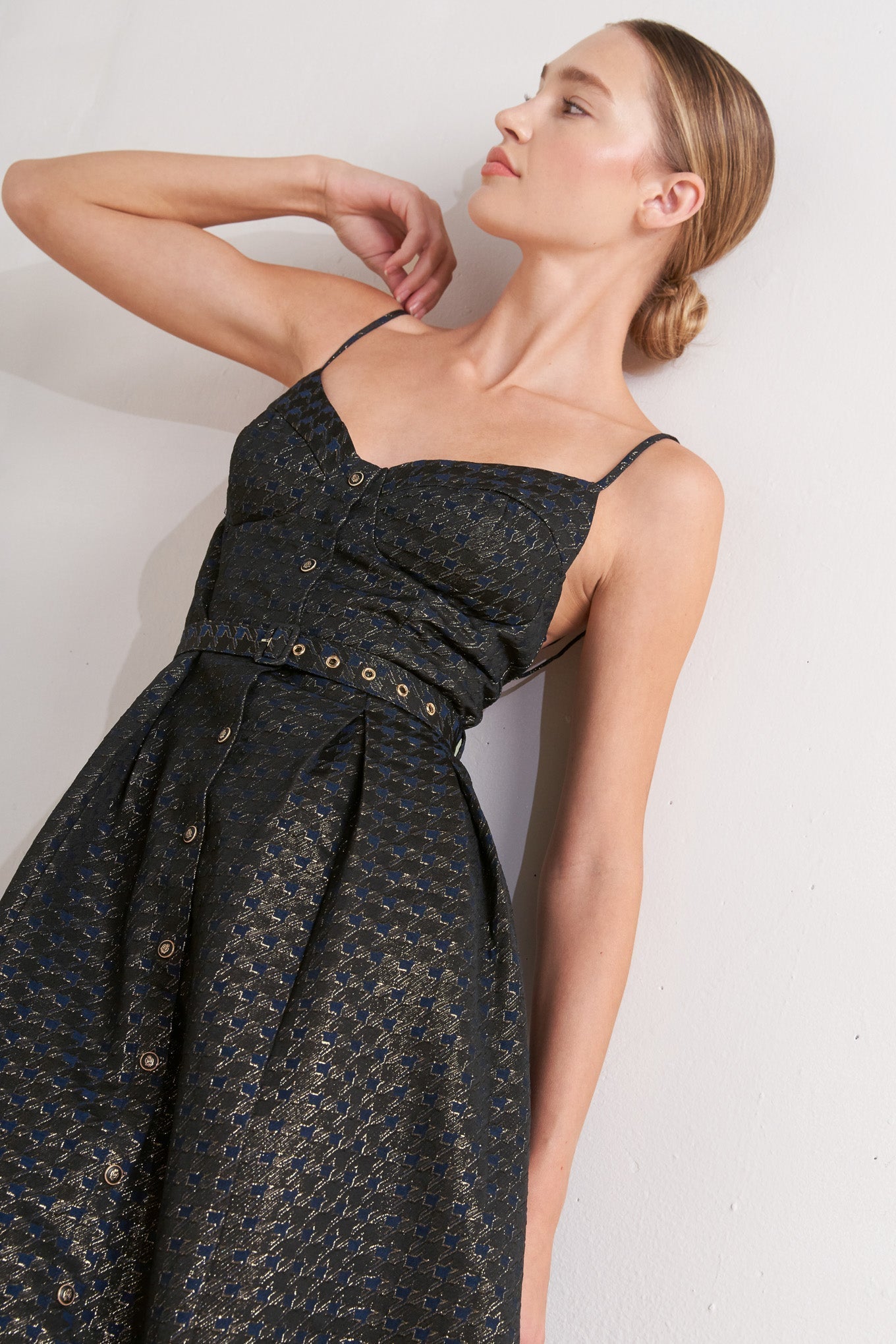 Noir Tapestry Woven Midi Dress With Cami Top Self Belt Flying Tomato