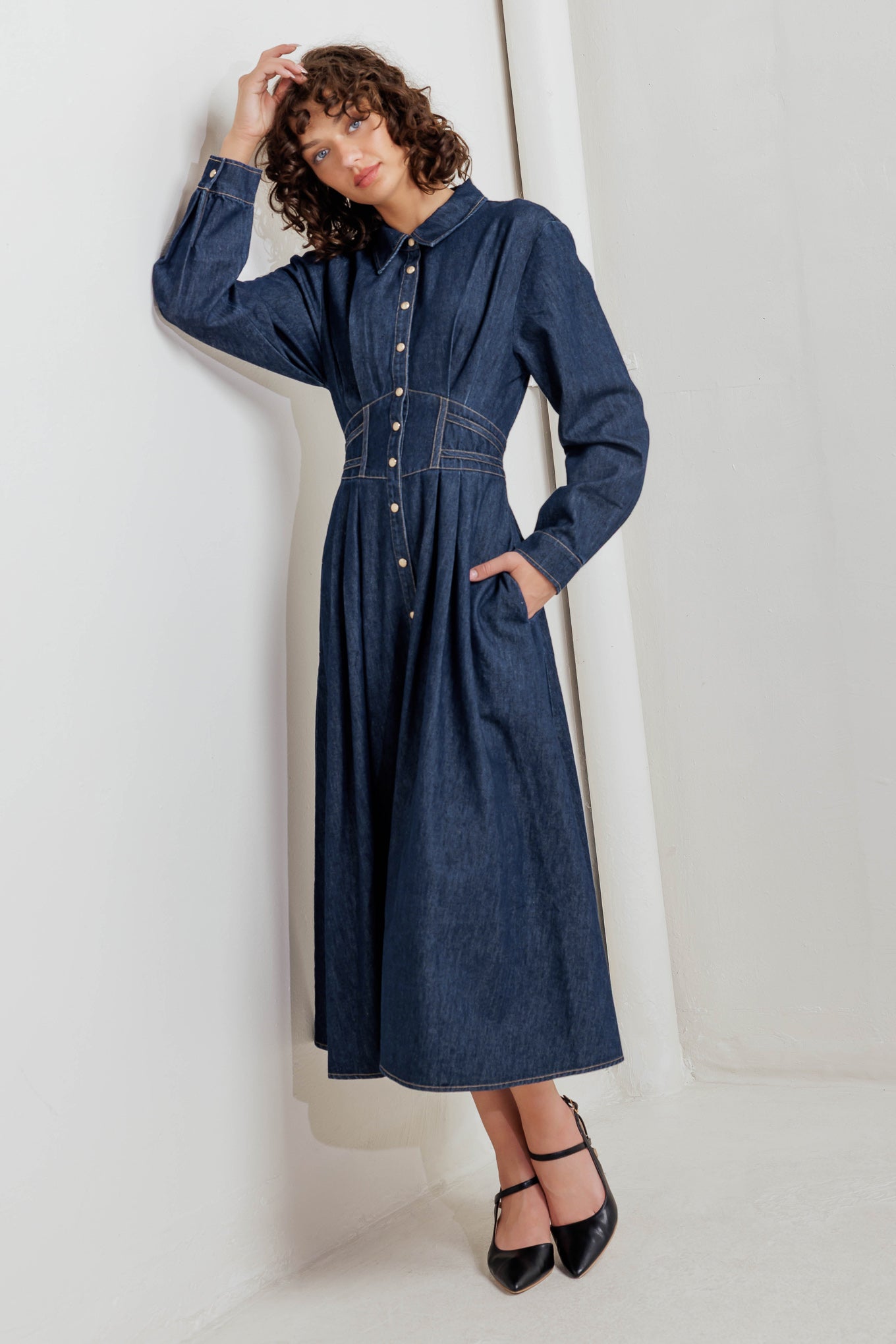 VINTAGE BLUES DENIM MIDI DRESS Flying Tomato