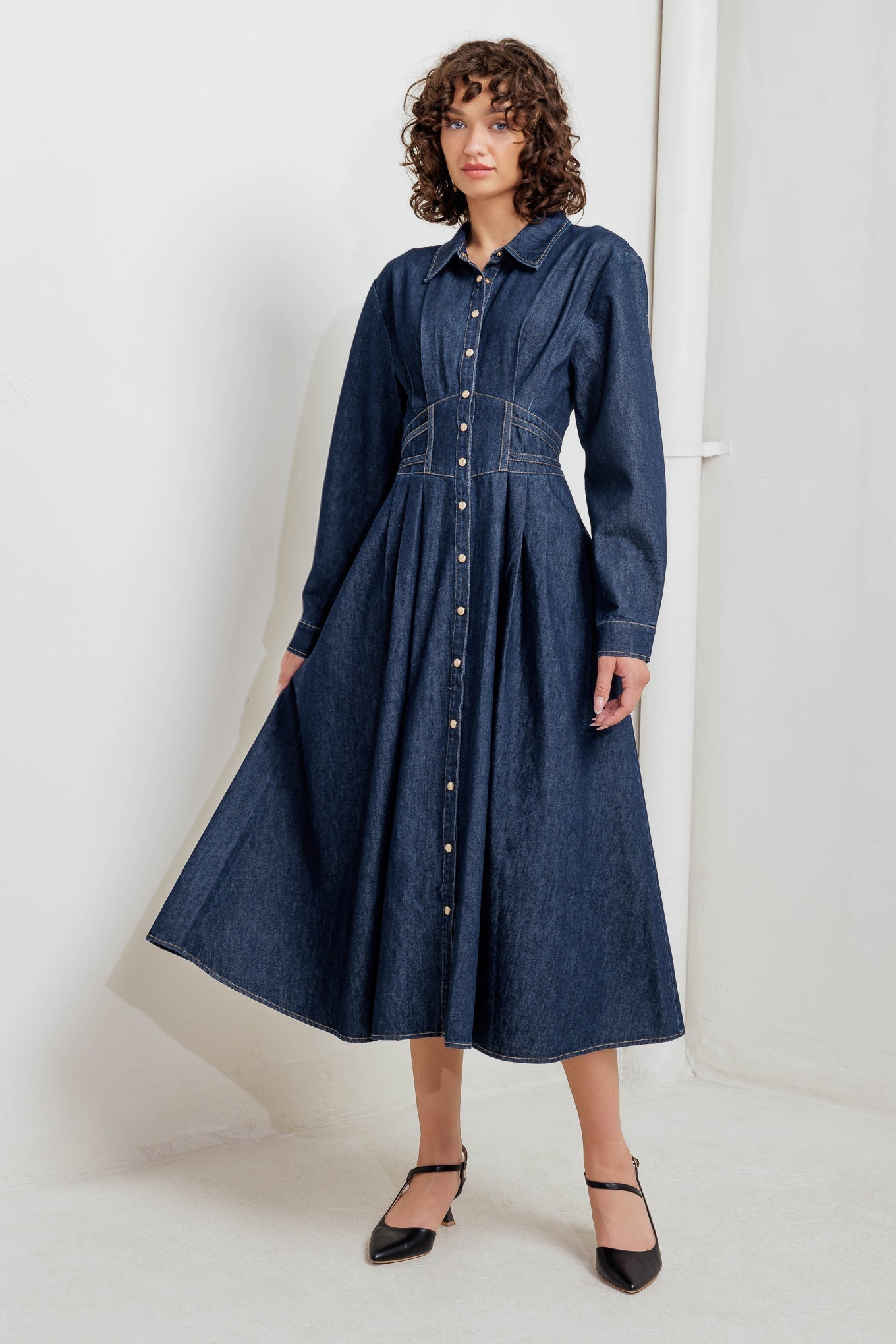 VINTAGE BLUES DENIM MIDI DRESS Flying Tomato