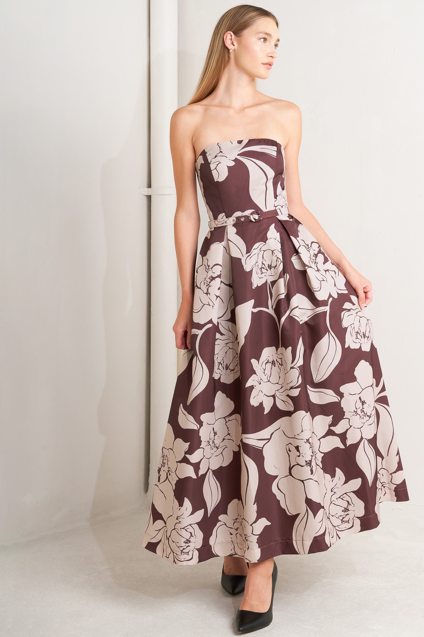 VINTAGE BLOOM STRAPLESS WOVEN MIDI DRESS Flying Tomato
