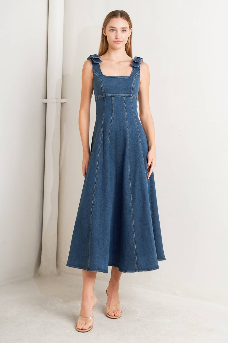 Just My Type Denim Midi Dress With U Neckline Circle Skirt Bow Shoulder Low Back Flying Tomato