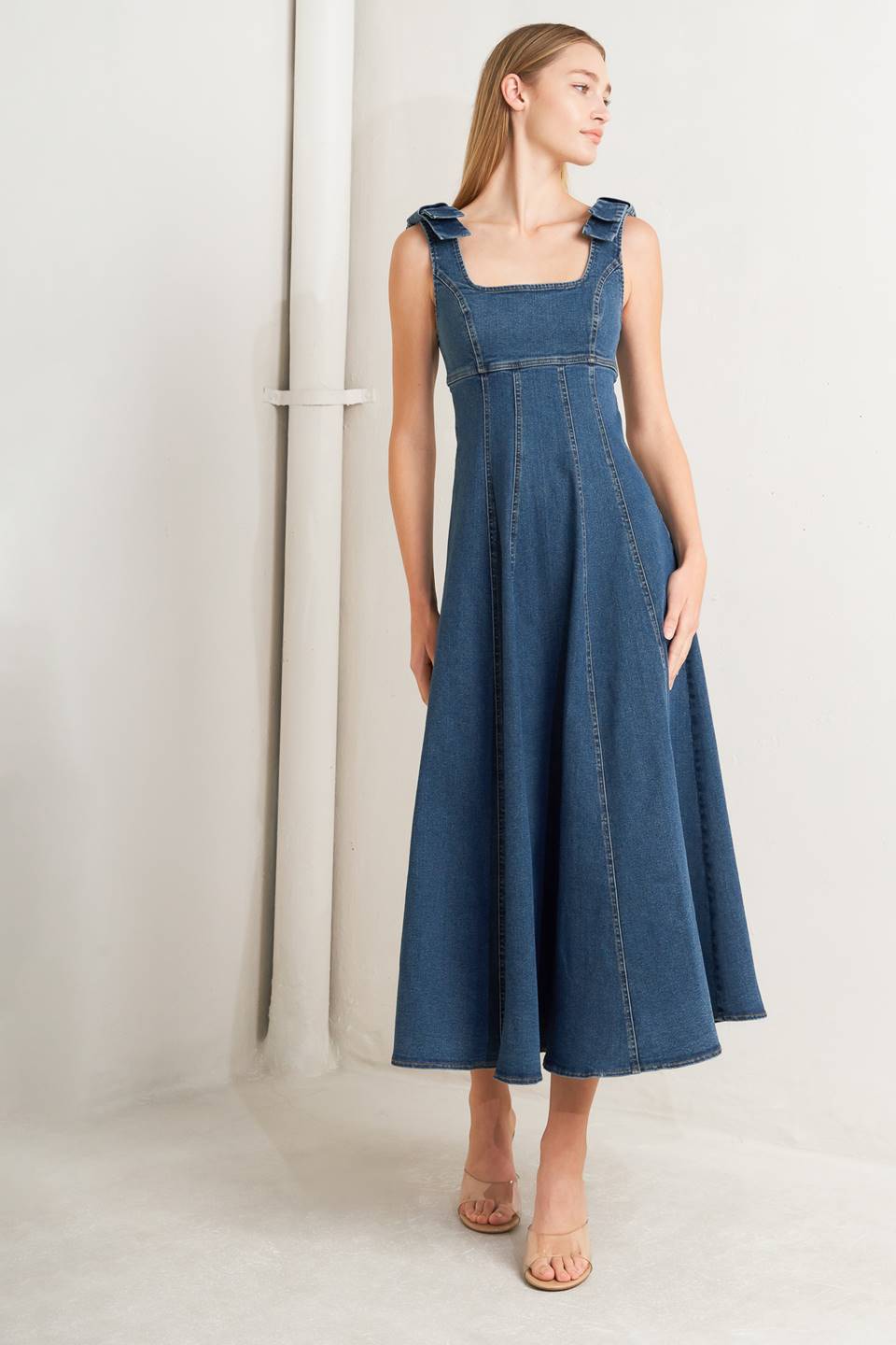 Just My Type Denim Midi Dress With U Neckline Circle Skirt Bow Shoulder Low Back Flying Tomato