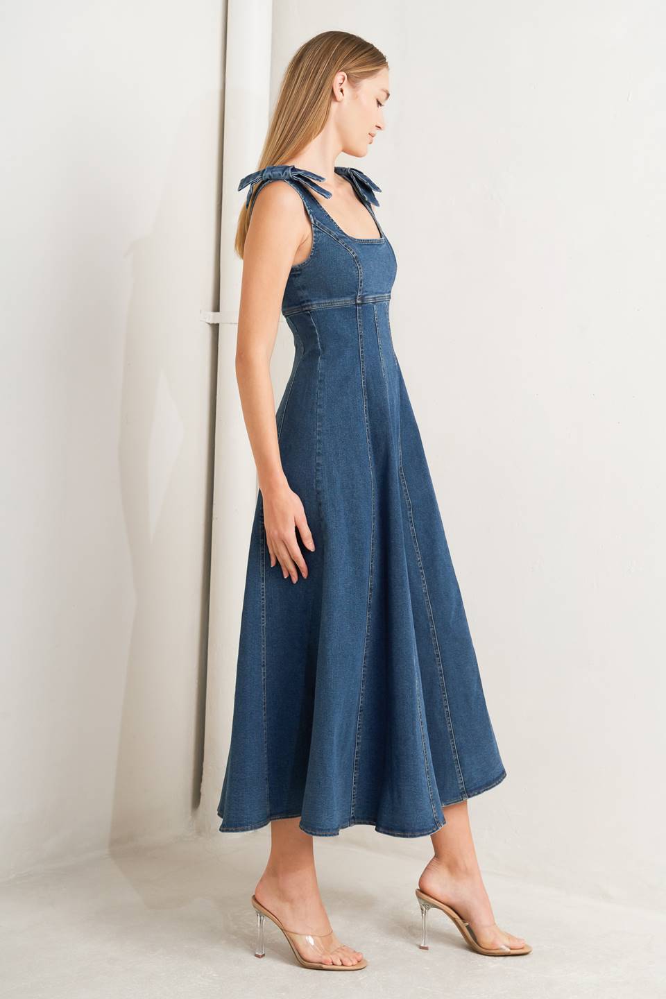 Just My Type Denim Midi Dress With U Neckline Circle Skirt Bow Shoulder Low Back Flying Tomato