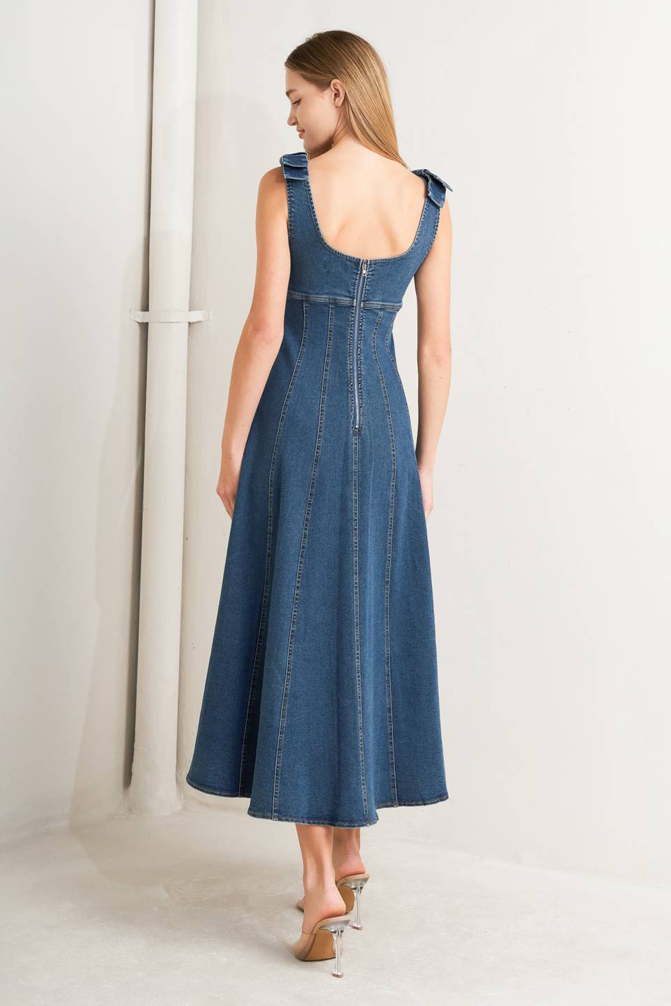 Just My Type Denim Midi Dress With U Neckline Circle Skirt Bow Shoulder Low Back Flying Tomato