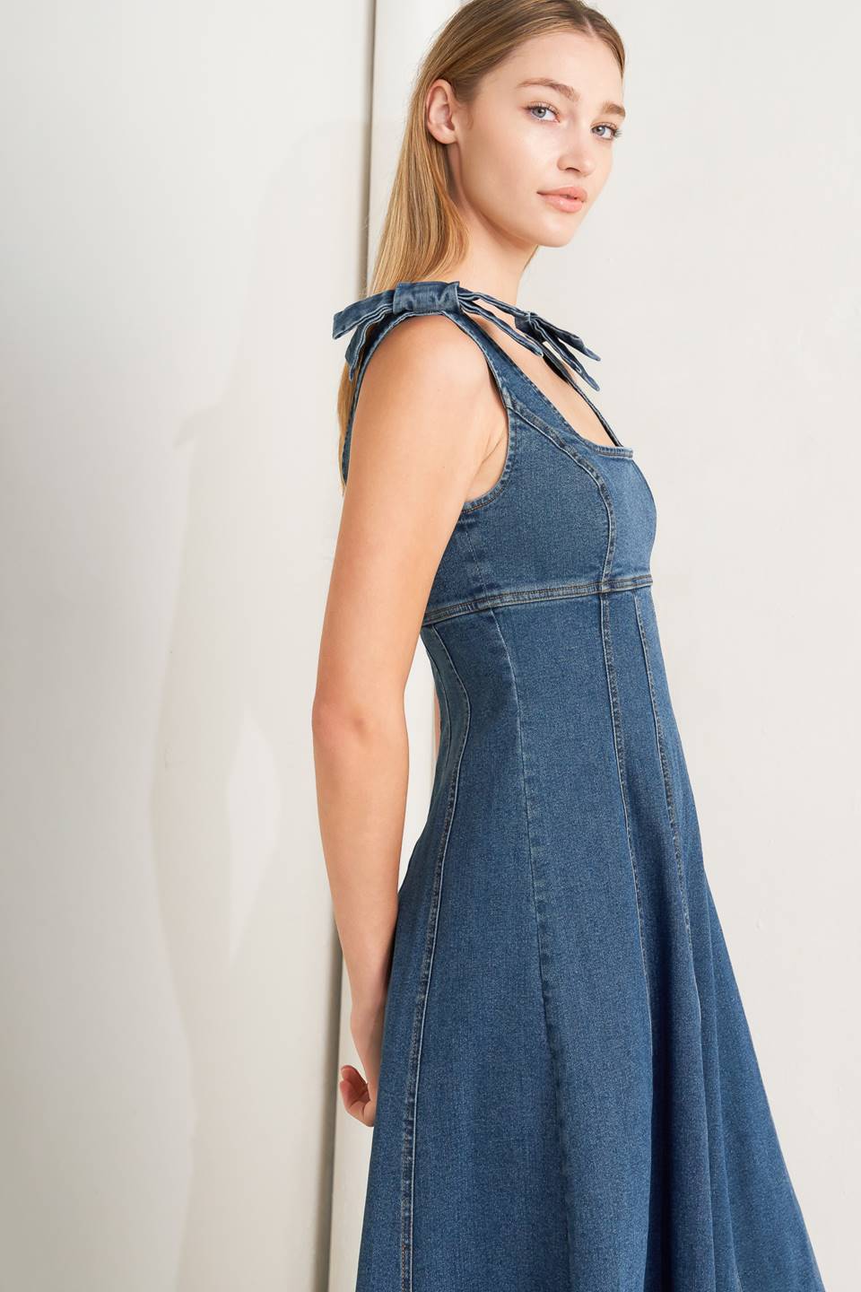 Just My Type Denim Midi Dress With U Neckline Circle Skirt Bow Shoulder Low Back Flying Tomato