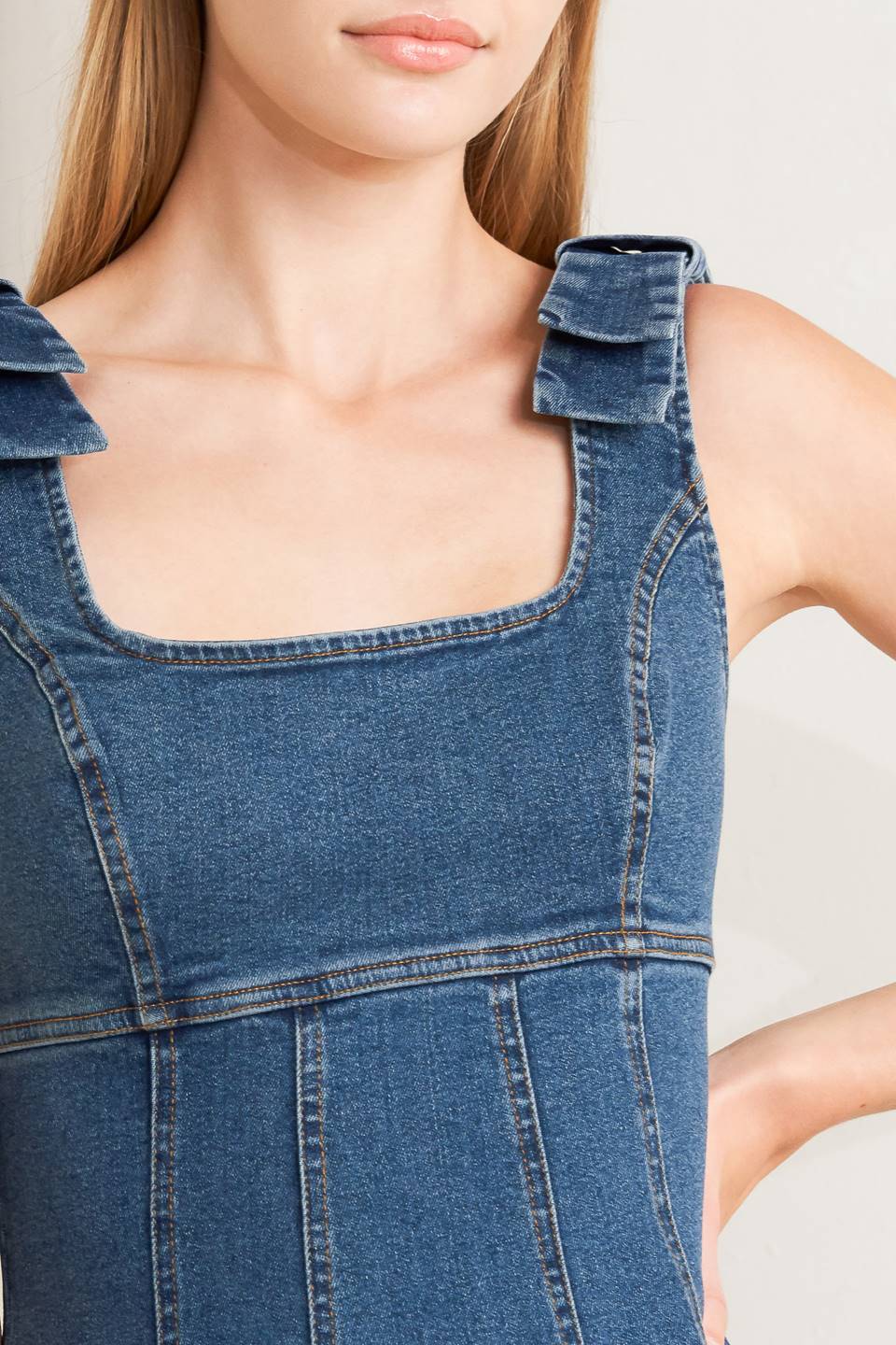 Just My Type Denim Midi Dress With U Neckline Circle Skirt Bow Shoulder Low Back Flying Tomato