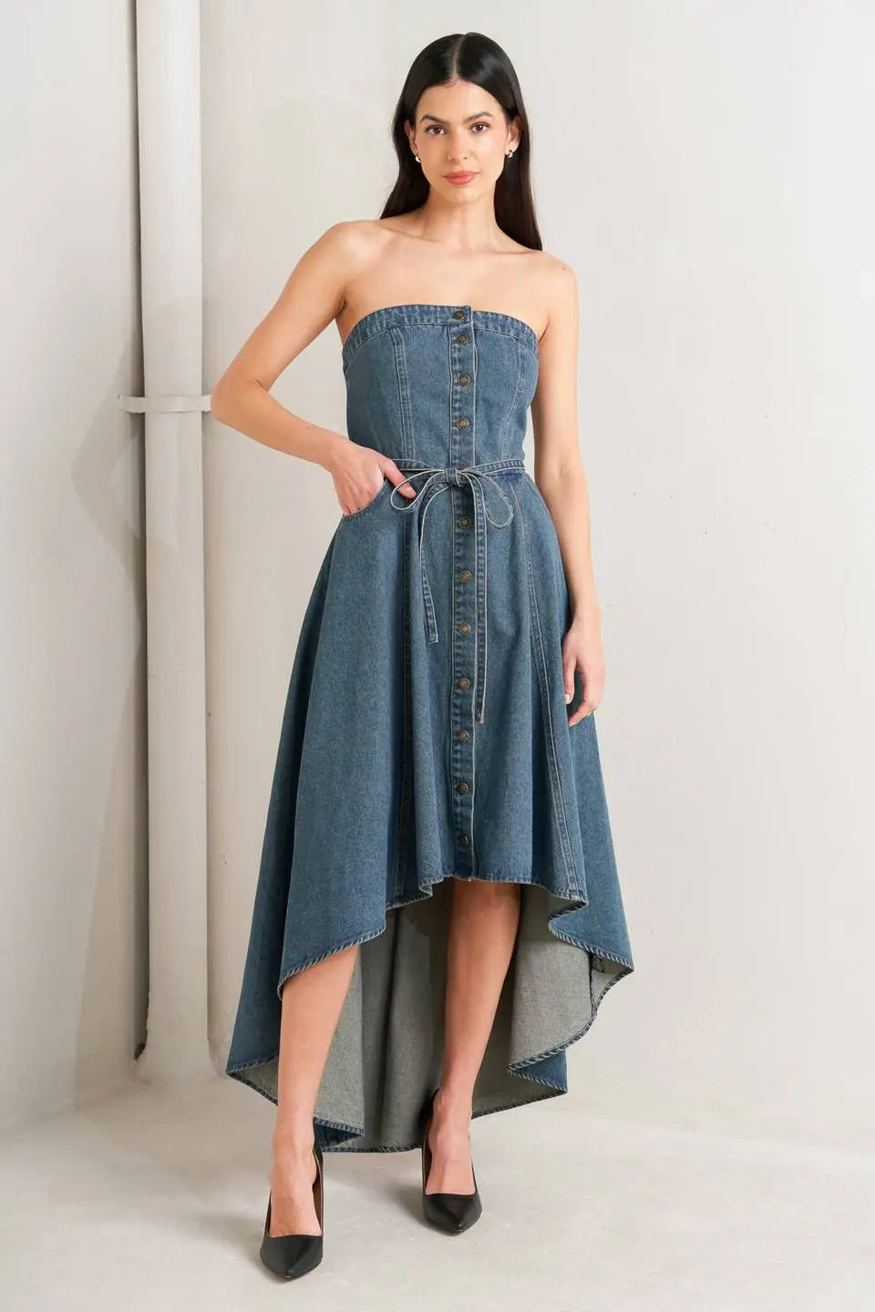 MIDNIGHT VOLUME DENIM MIDI DRESS Flying Tomato