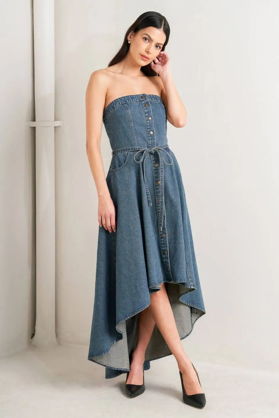MIDNIGHT VOLUME DENIM MIDI DRESS Flying Tomato