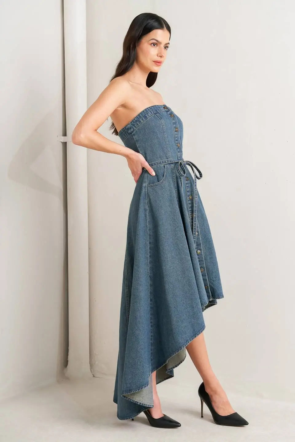 MIDNIGHT VOLUME DENIM MIDI DRESS Flying Tomato