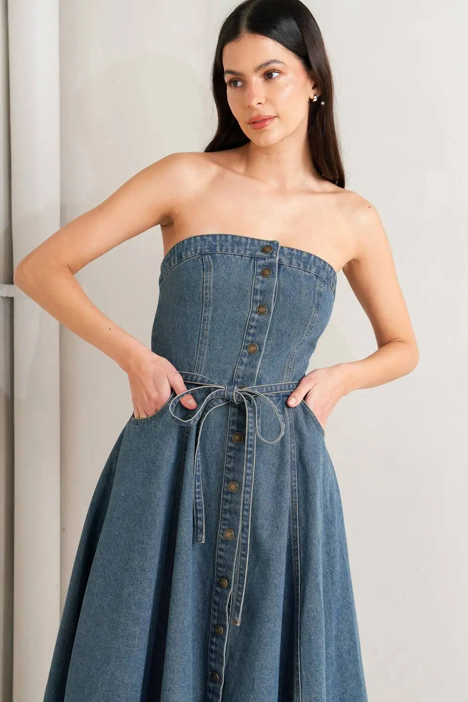 MIDNIGHT VOLUME DENIM MIDI DRESS Flying Tomato