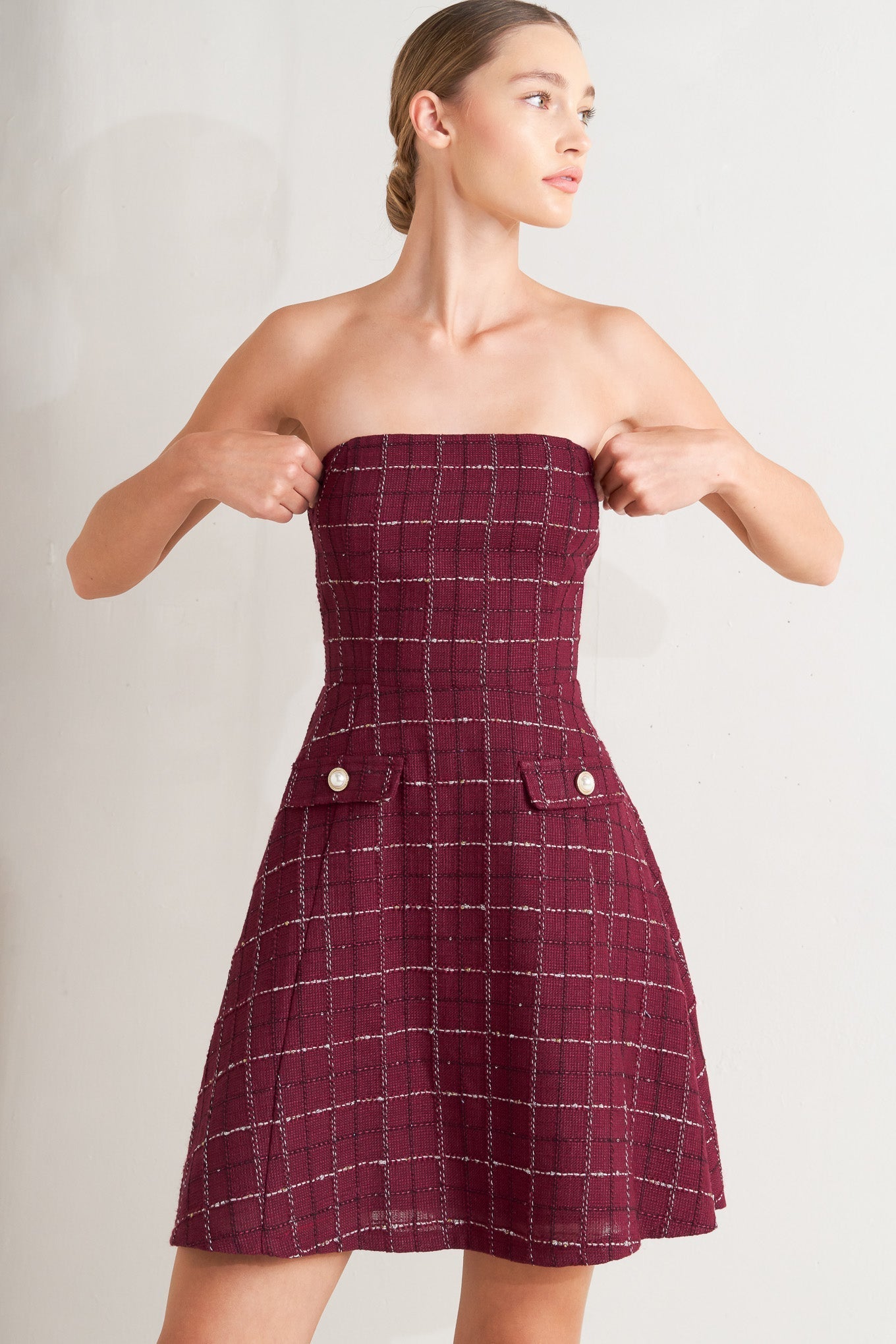 TWEED DOLL WINE WOVEN MINI DRESS Flying Tomato