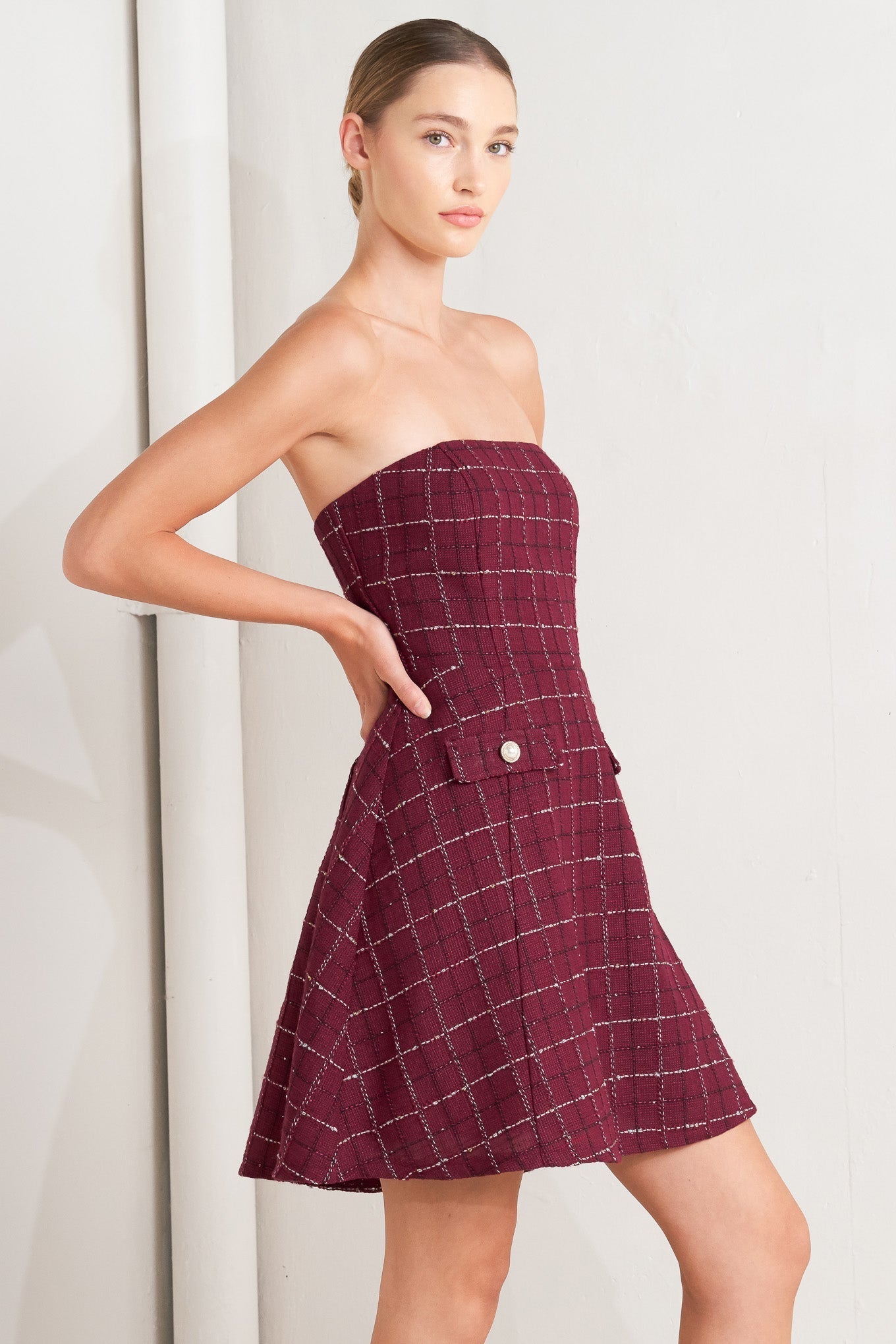 TWEED DOLL WINE WOVEN MINI DRESS Flying Tomato