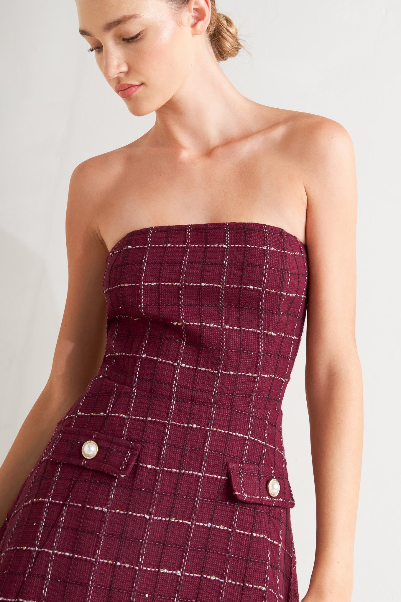 TWEED DOLL WINE WOVEN MINI DRESS Flying Tomato