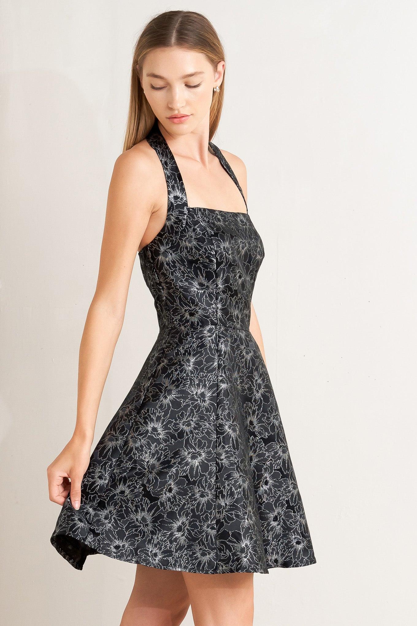 Flying Tomato Mystic Hour Woven Jacquard Mini Dress, full front view, showcasing the intricate dark pattern and elegant silho