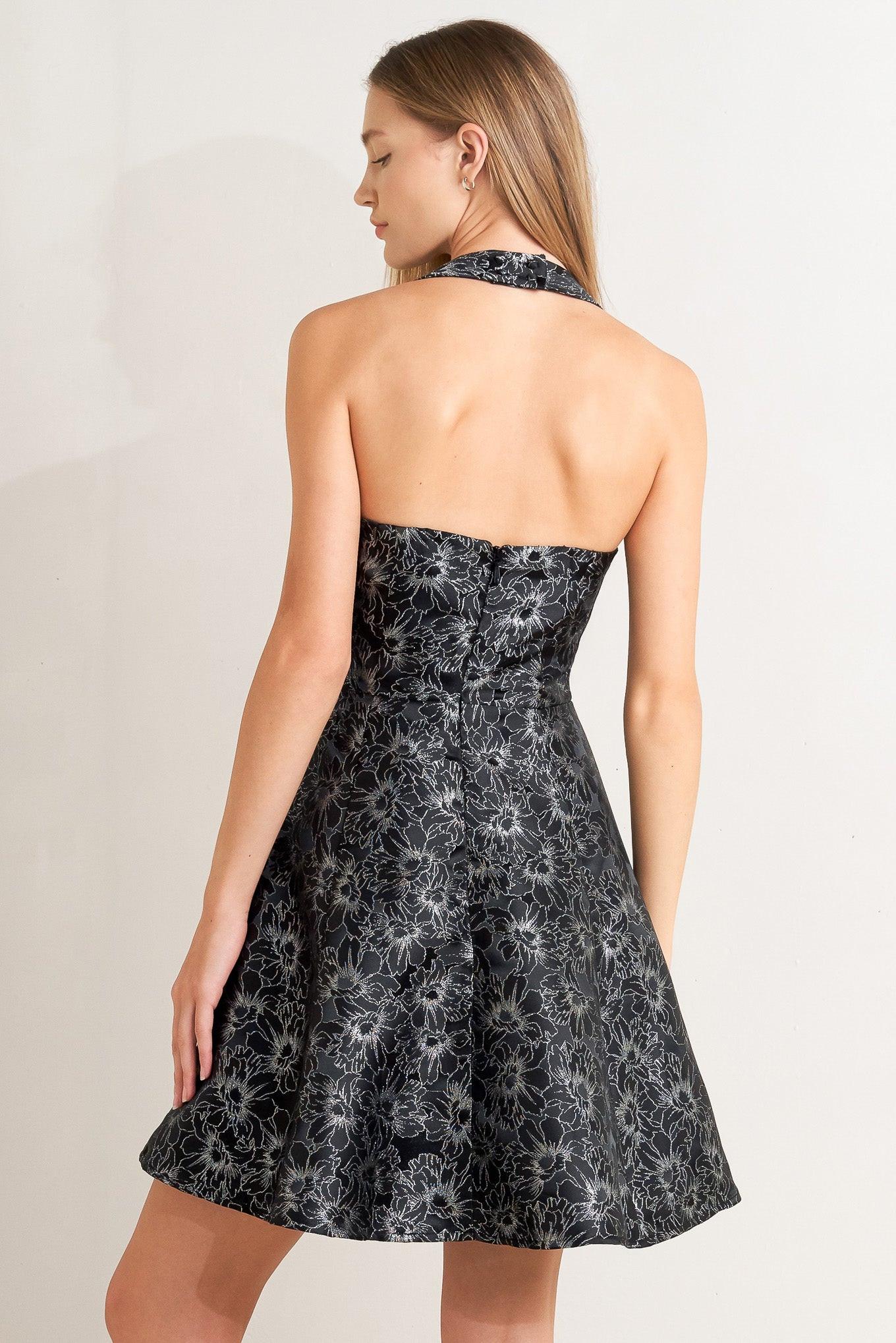 Back view of the Flying Tomato Mystic Hour Woven Jacquard Mini Dress, showcasing the design details and overall silhouette.