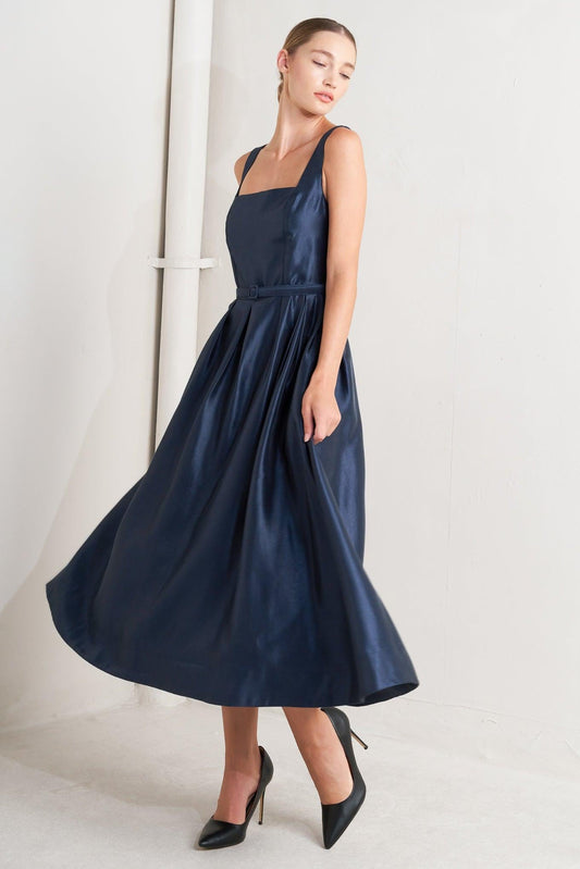 Flying Tomato Femme Silhouette Woven Midi Dress in elegant navy, full front view, flattering woven fabric.