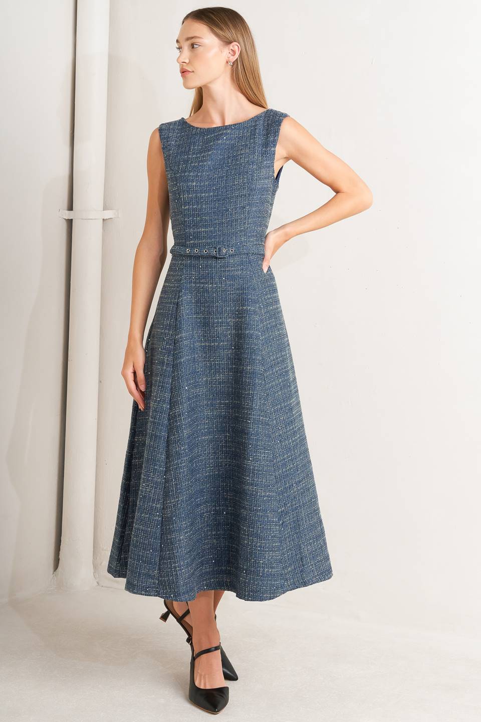 VINTAGE VIBE BOUCLÉ WOVEN TWEED MIDI DRESS Flying Tomato